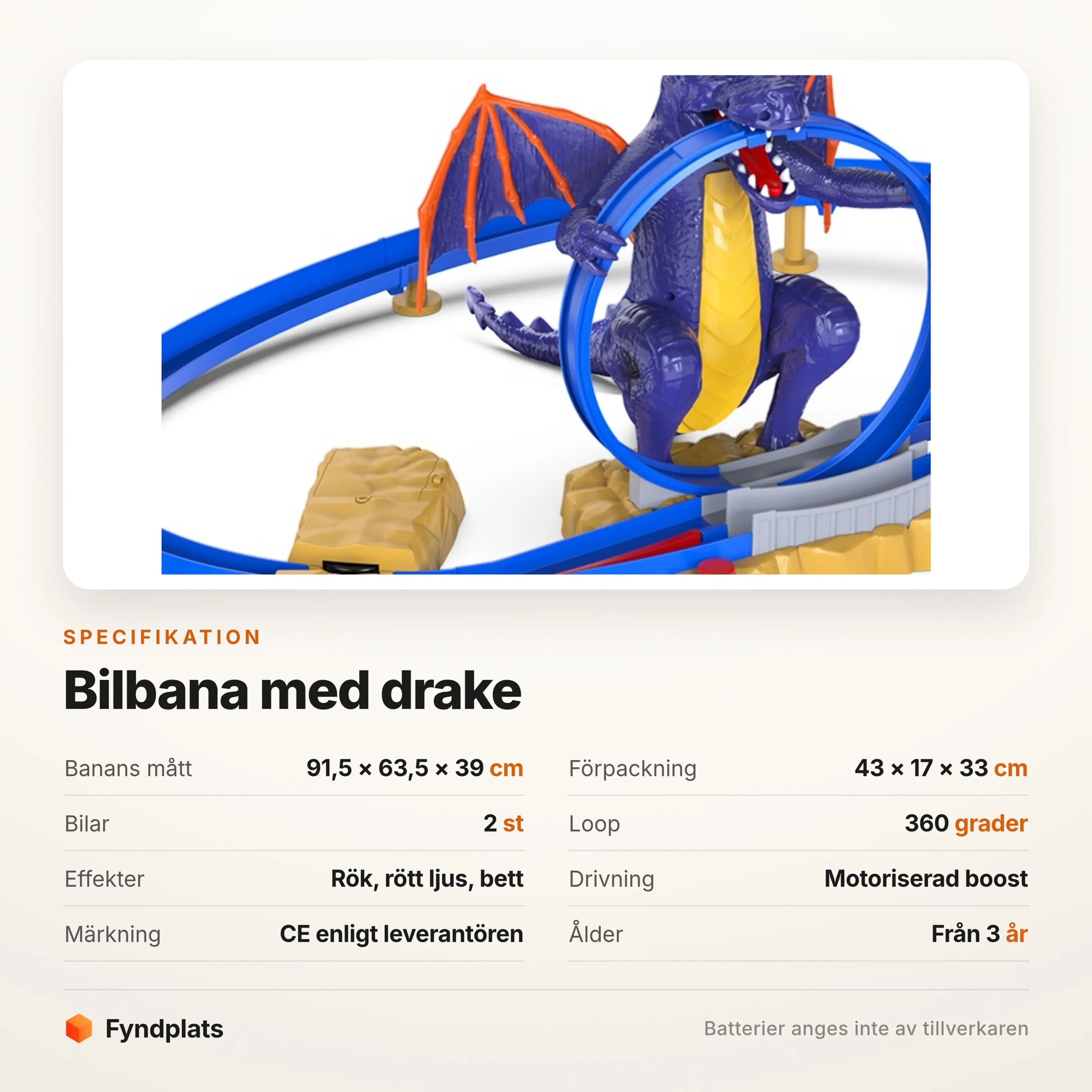 Specifikation: bana 91,5 × 63,5 × 39 cm, två bilar och 360-gradersloop
