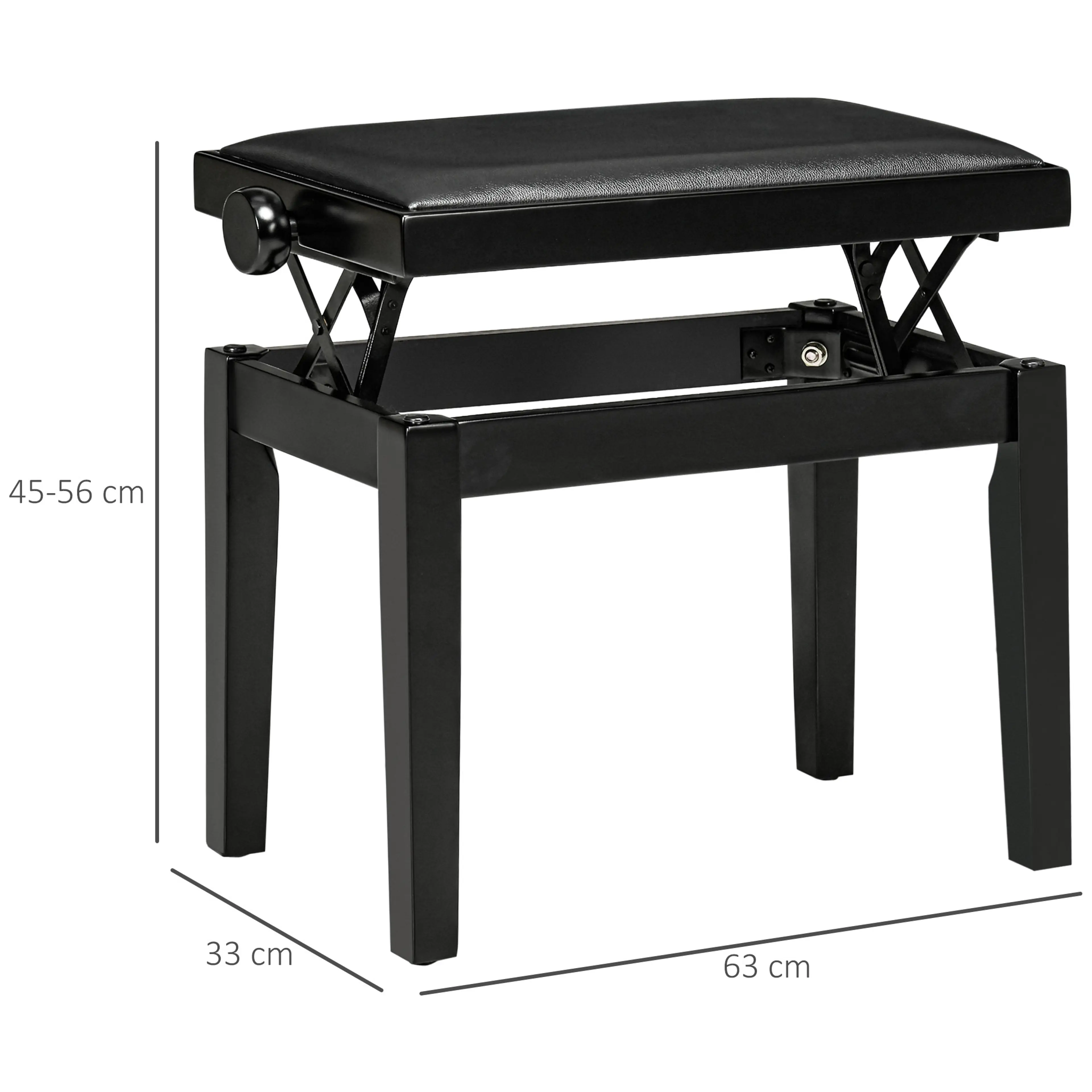 Måttskiss med bredd 63 cm, djup 33 cm och höjd 45–56 cm