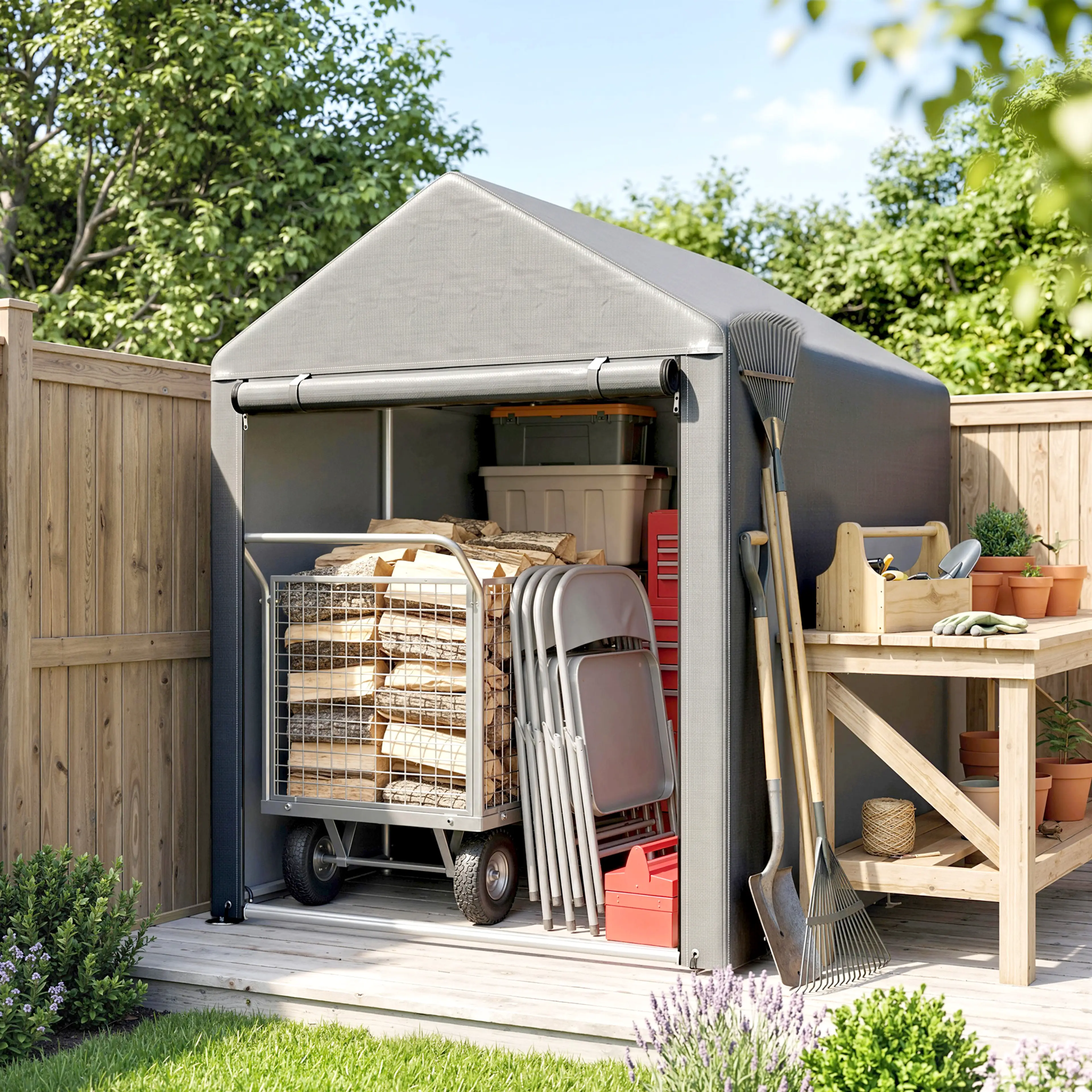 Ljusgrått garagetält i trädgård med vedvagn, hopfällda stolar och planteringsbord