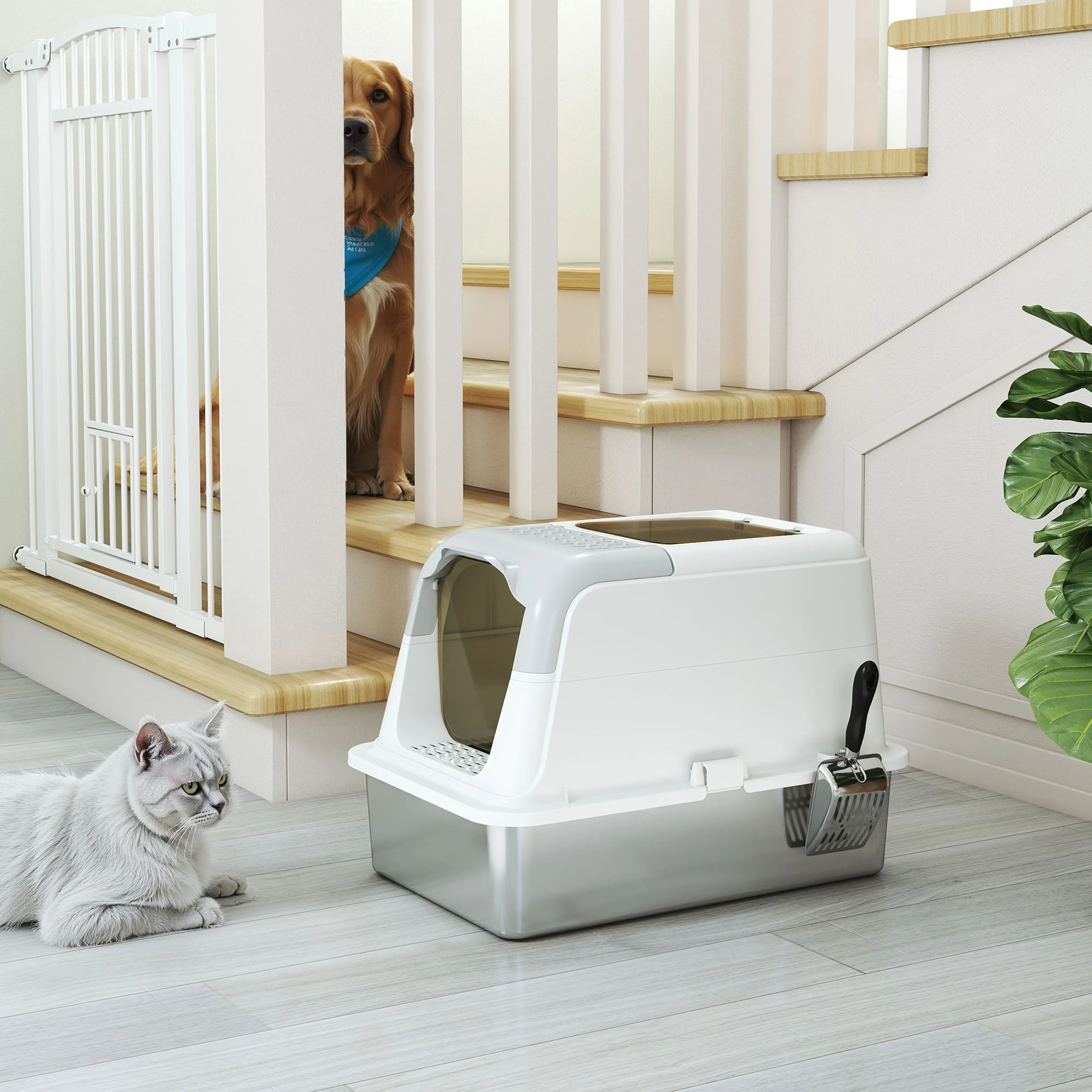 Kattlådan vid en trappa i en hall, med en katt som ligger bredvid och en hund bakom en grind