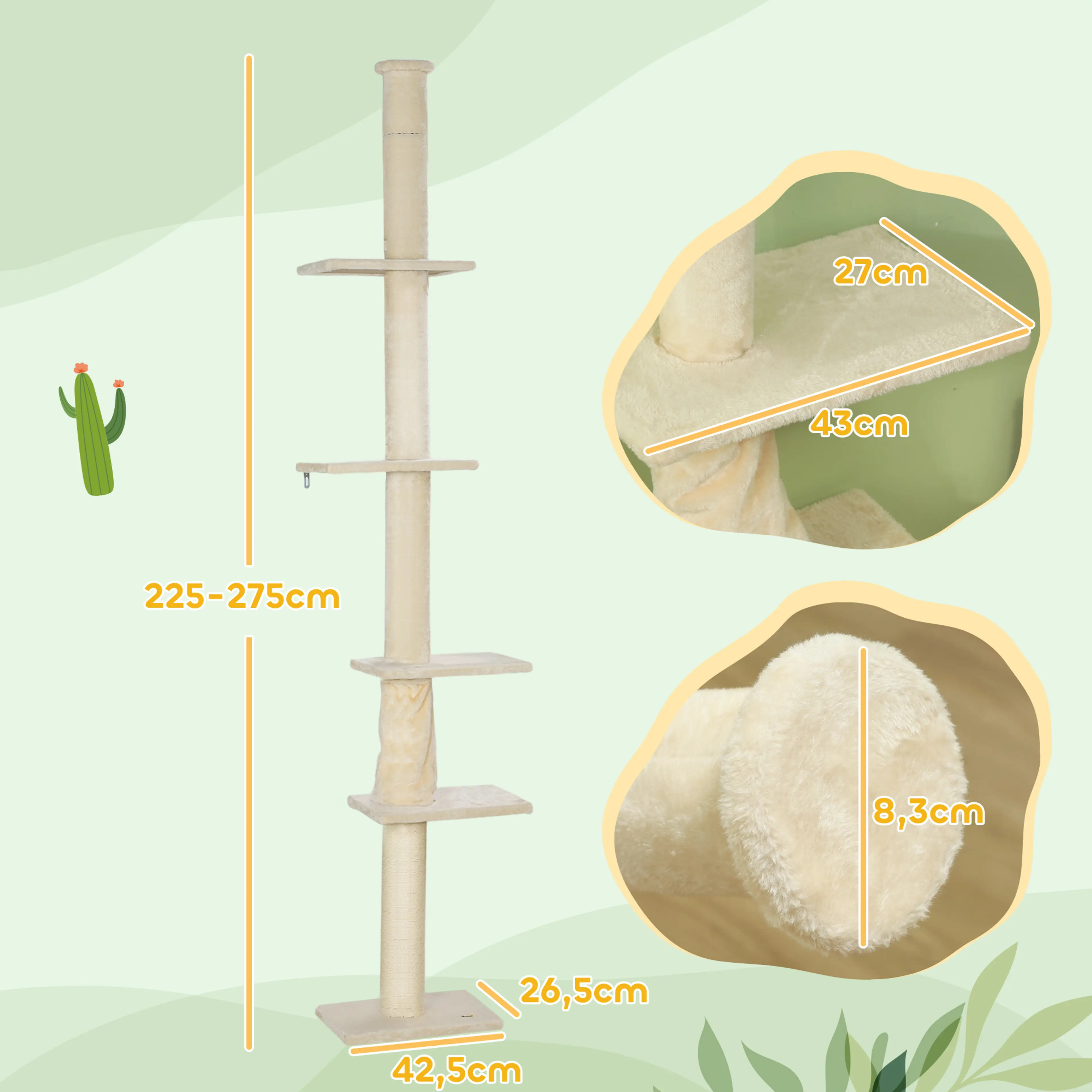 Måttritning med 225–275 cm höjd, 42,5 × 26,5 cm bottenplatta och plattformsmått
