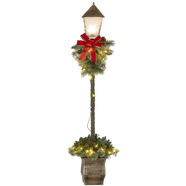 Julyktstolpe 150 cm med lykthuvud, grangirlang, röd rosett och 50 varmvita LED