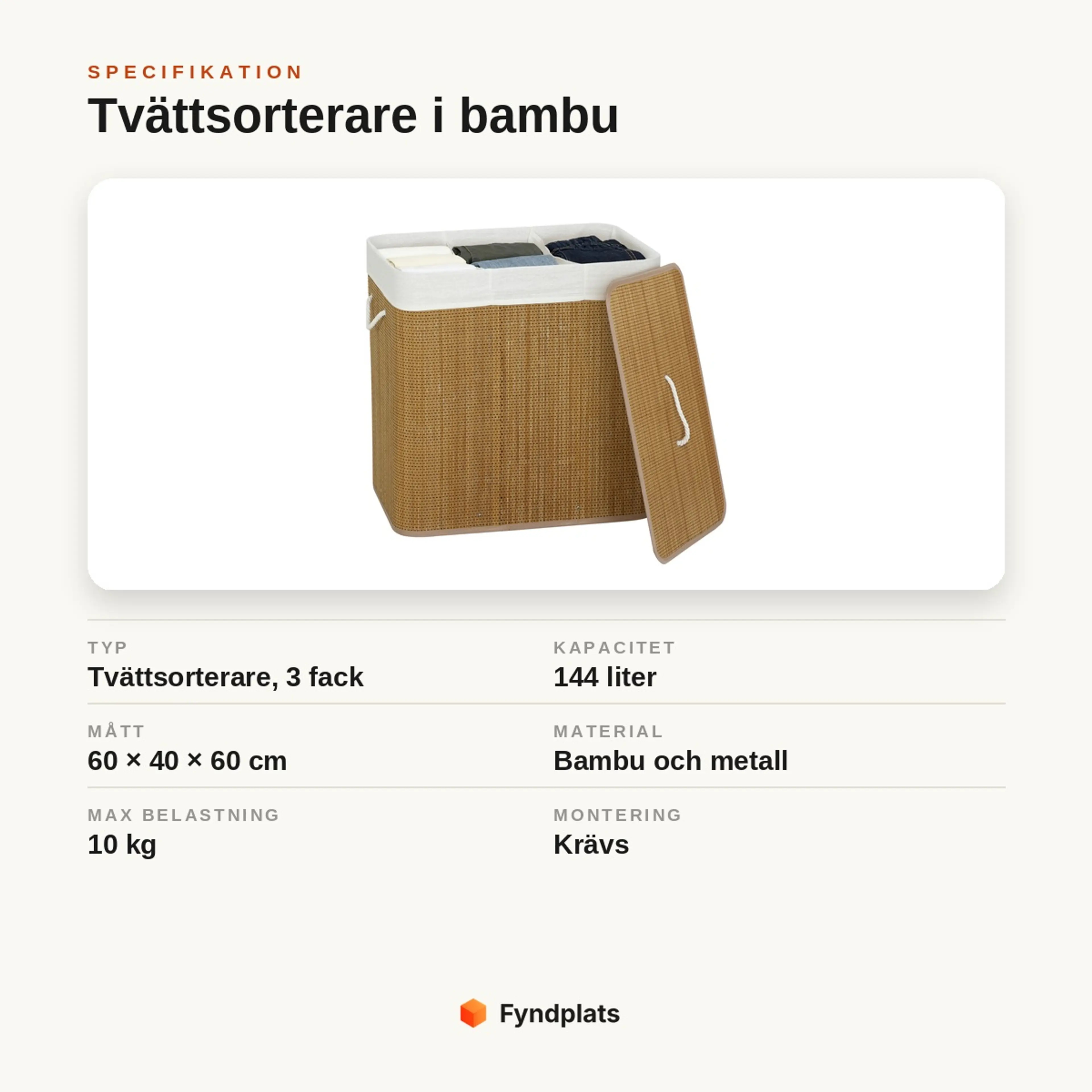 Specifikationskort: tvättsorterare i bambu med 3 fack, 144 liter, mått 60 × 40 × 60 cm, max 10 kg