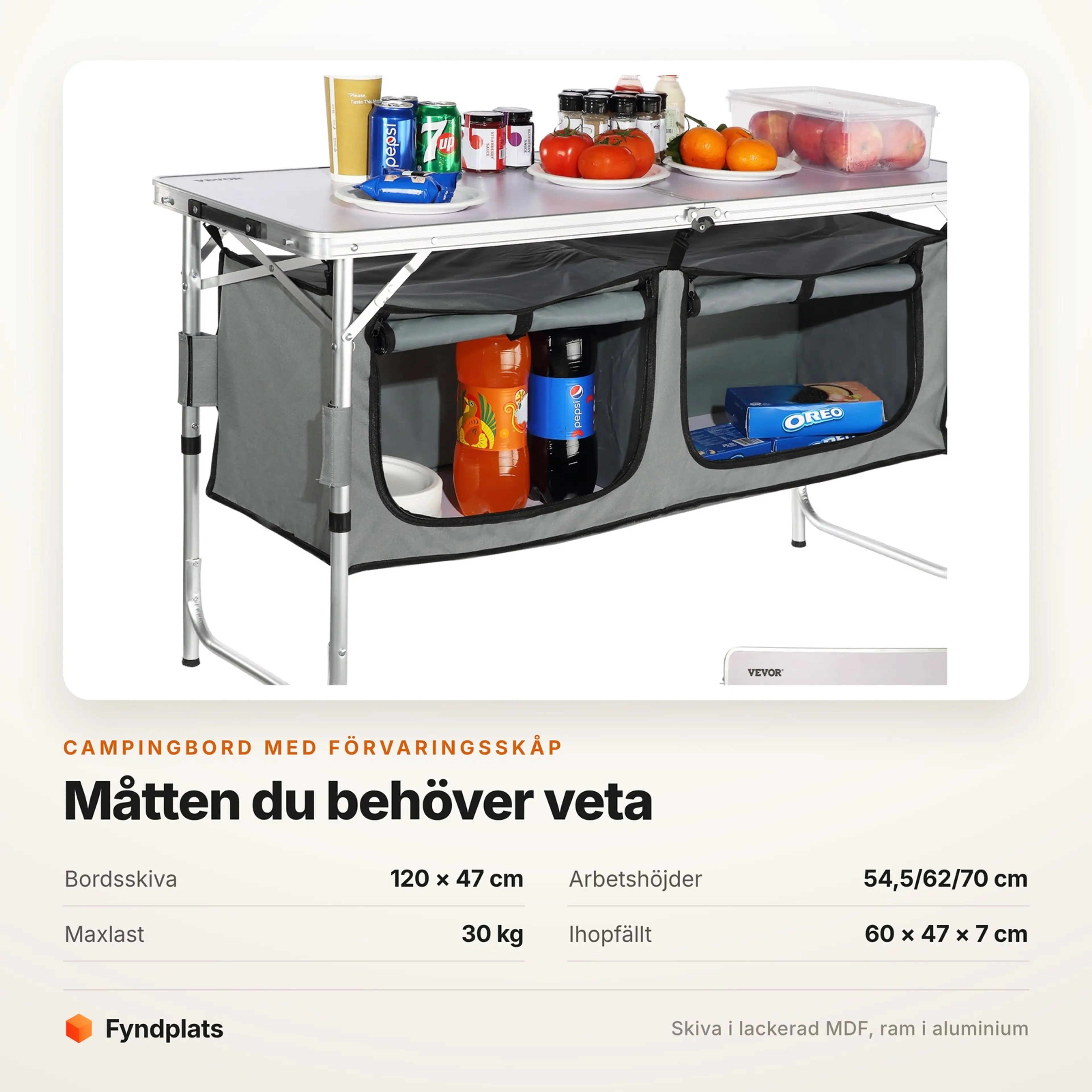Måttöversikt för campingbordet: bordsskiva 120 × 47 cm, tre arbetshöjder och maxlast 30 kg