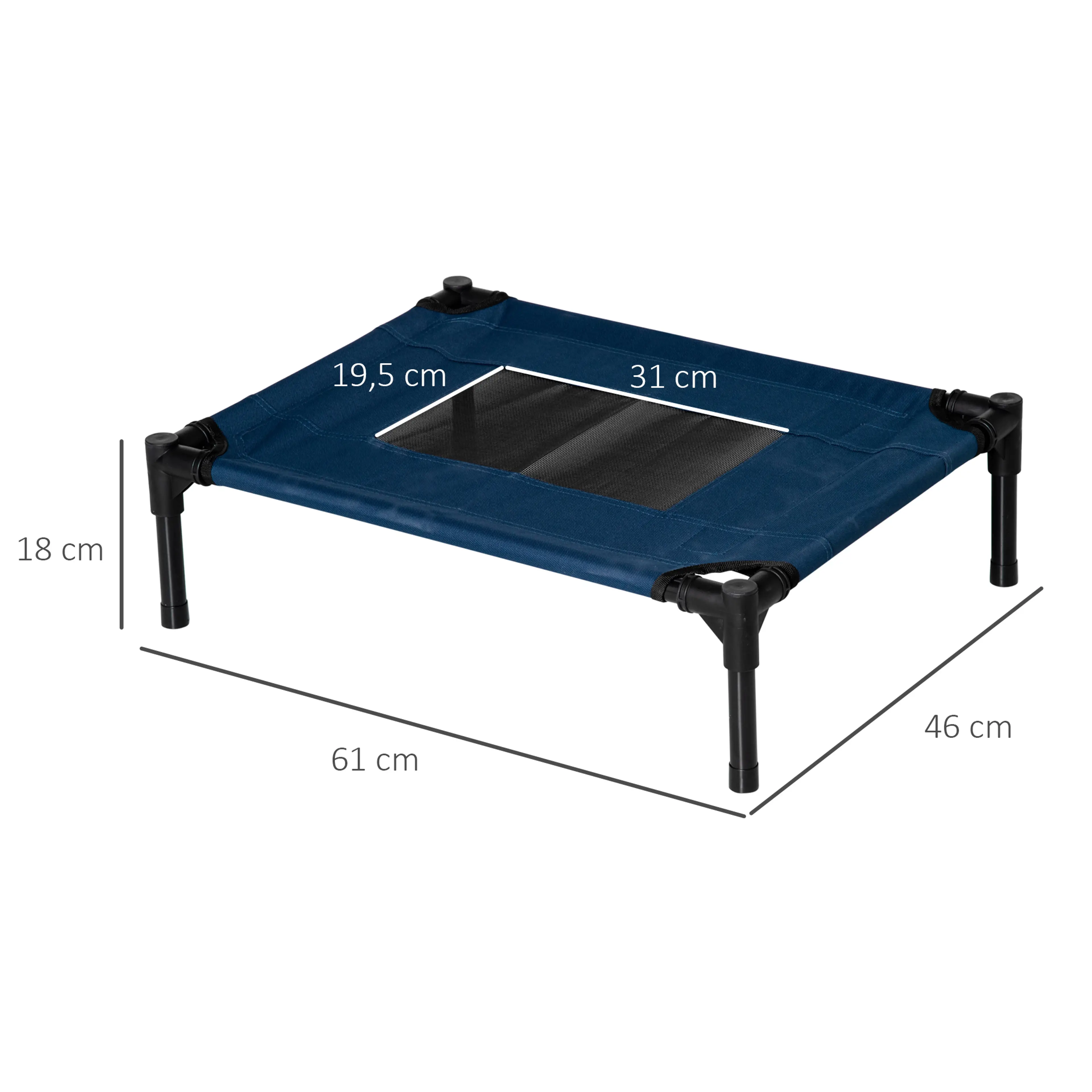 Måttskiss: 61 × 46 × 18 cm med nätpanel på 31 × 19,5 cm