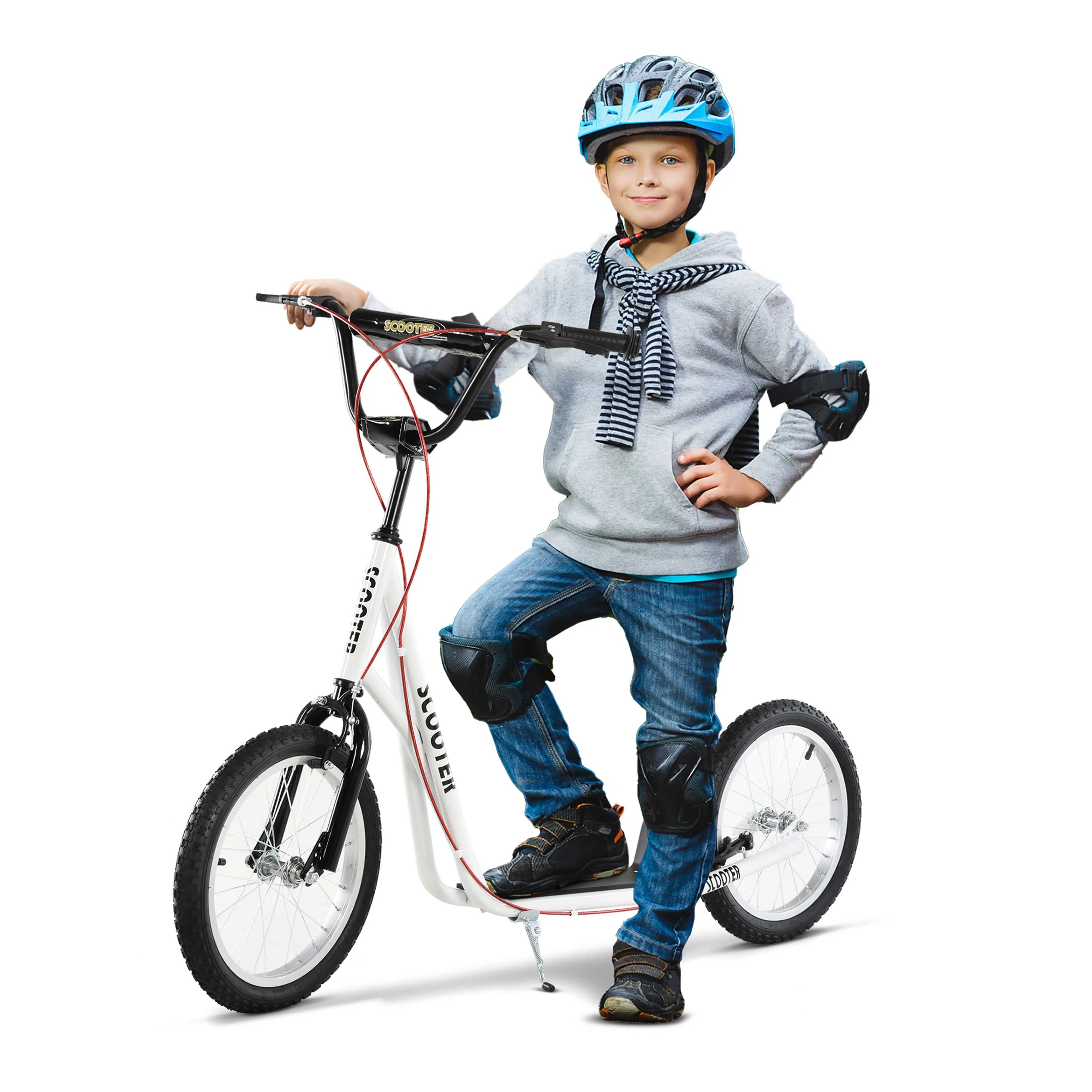 Vit sparkcykel för barn med luftdäck Ø40 cm, pojke med hjälm på fotplattan