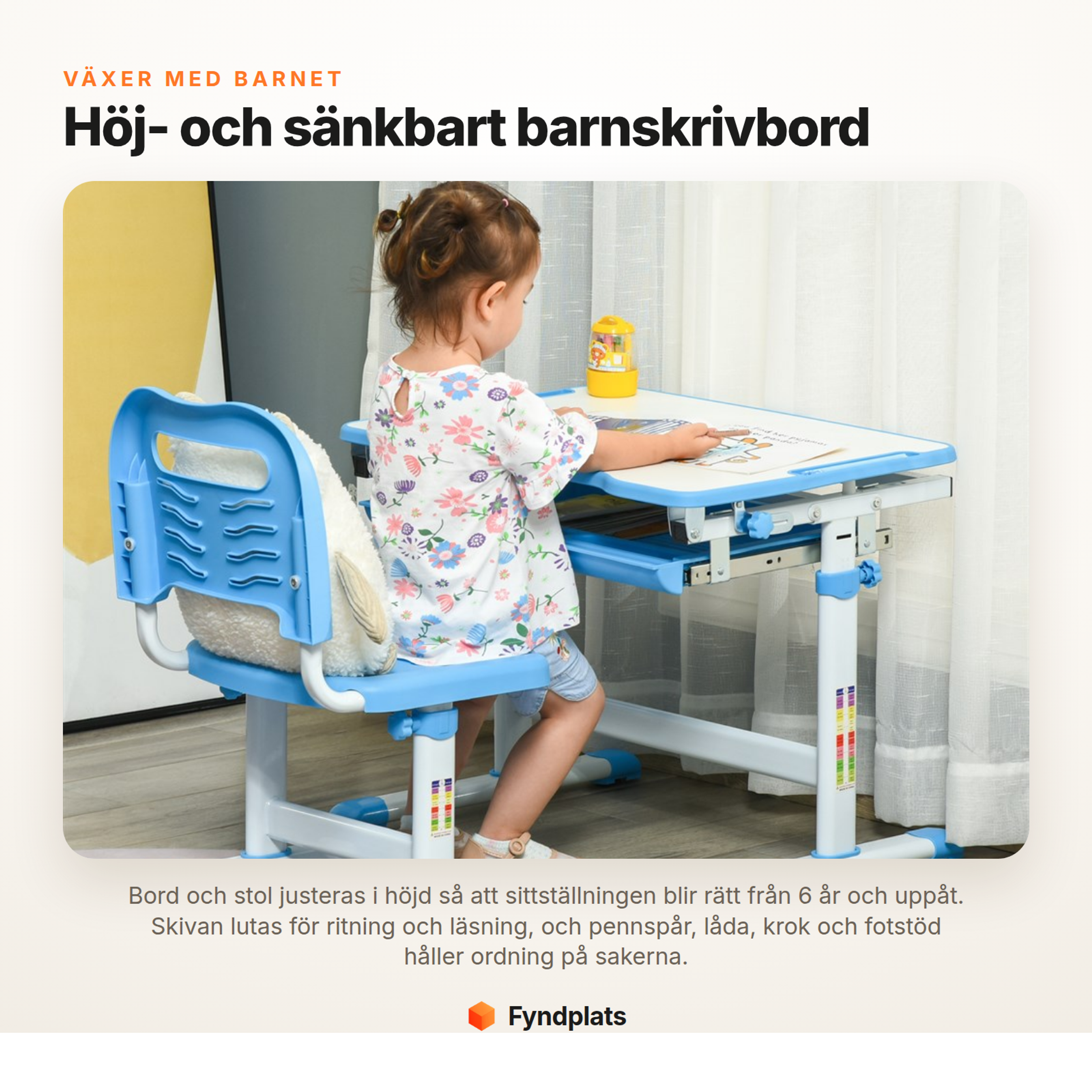Fyndplats – höj- och sänkbart barnskrivbord med stol, lutbar skiva, från 6 år