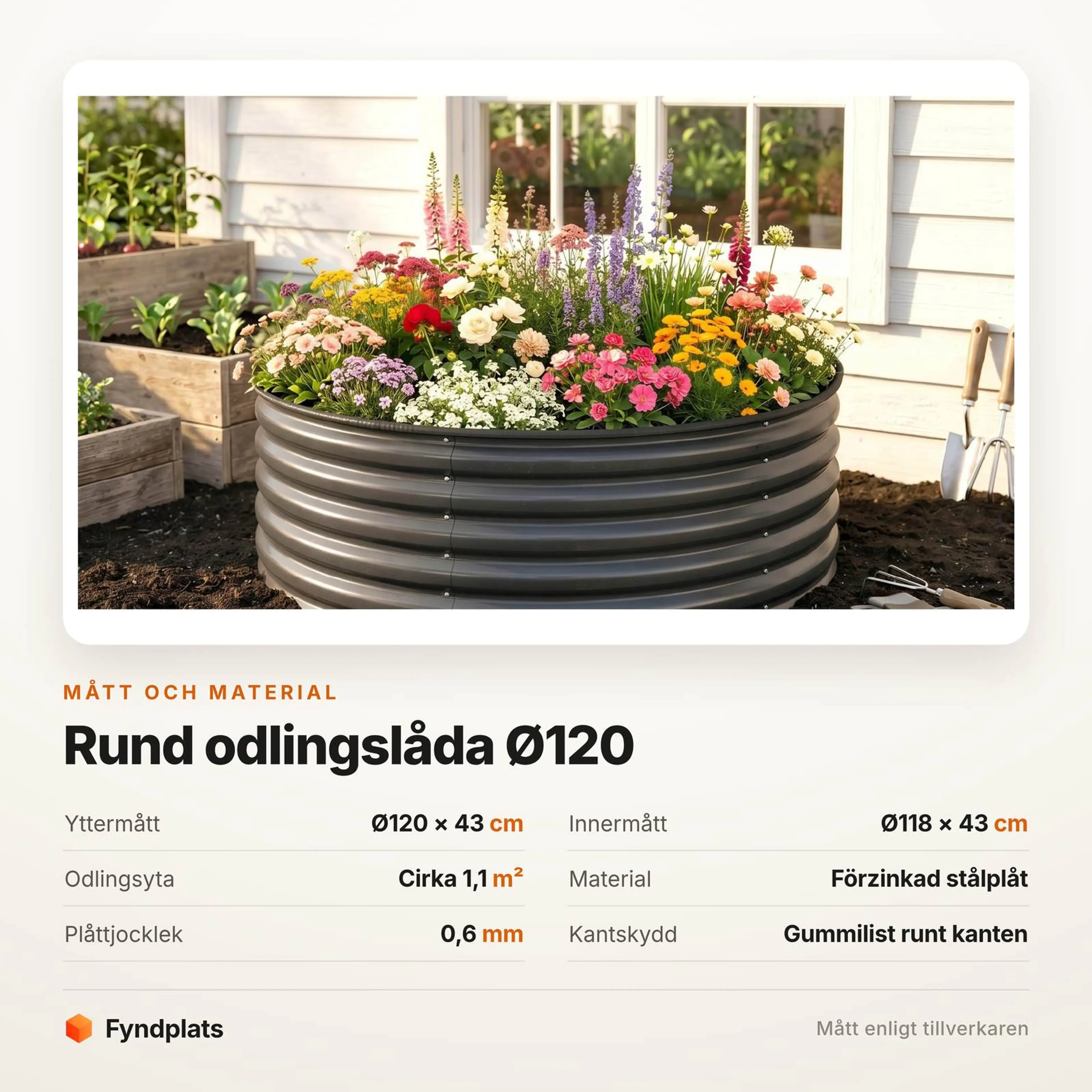 Specifikationstabell: Ø120 × 43 cm, plåttjocklek 0,6 mm och gummilist runt kanten