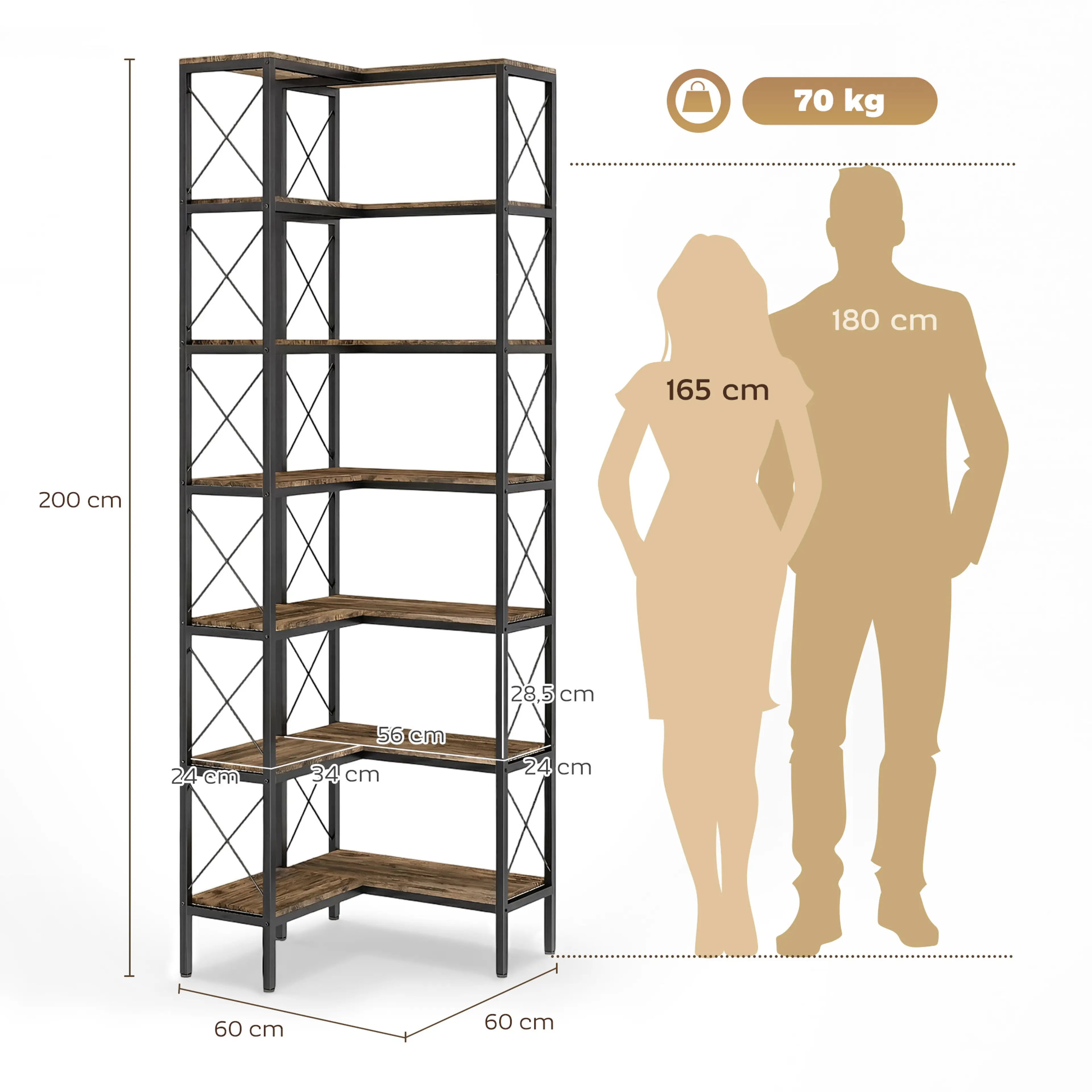 Måttritning av hörnbokhyllan: 60 × 60 cm hörnkvadrat och 200 cm höjd