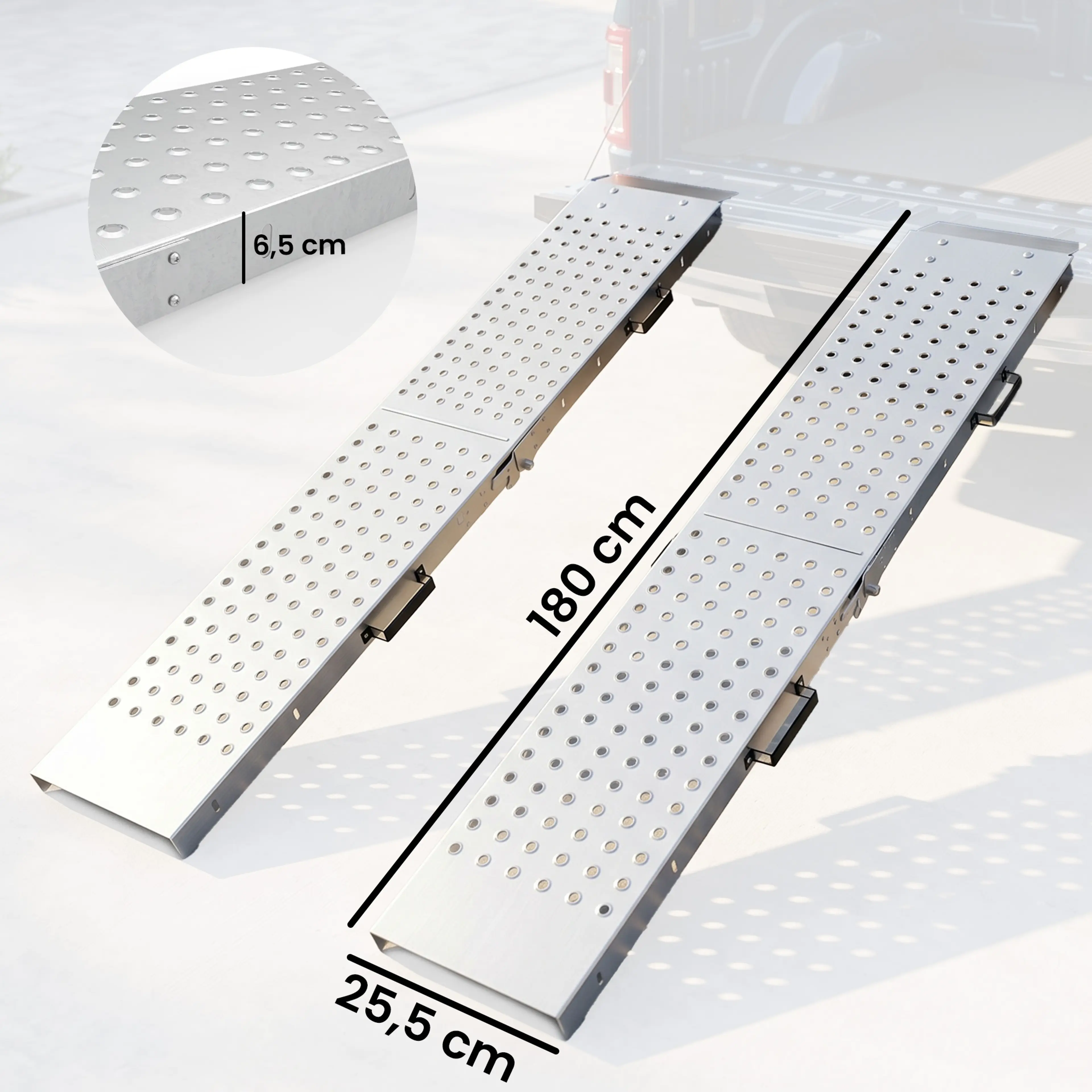 Måttbild: varje ramp är 180 cm lång, 25,5 cm bred och 6,5 cm hög