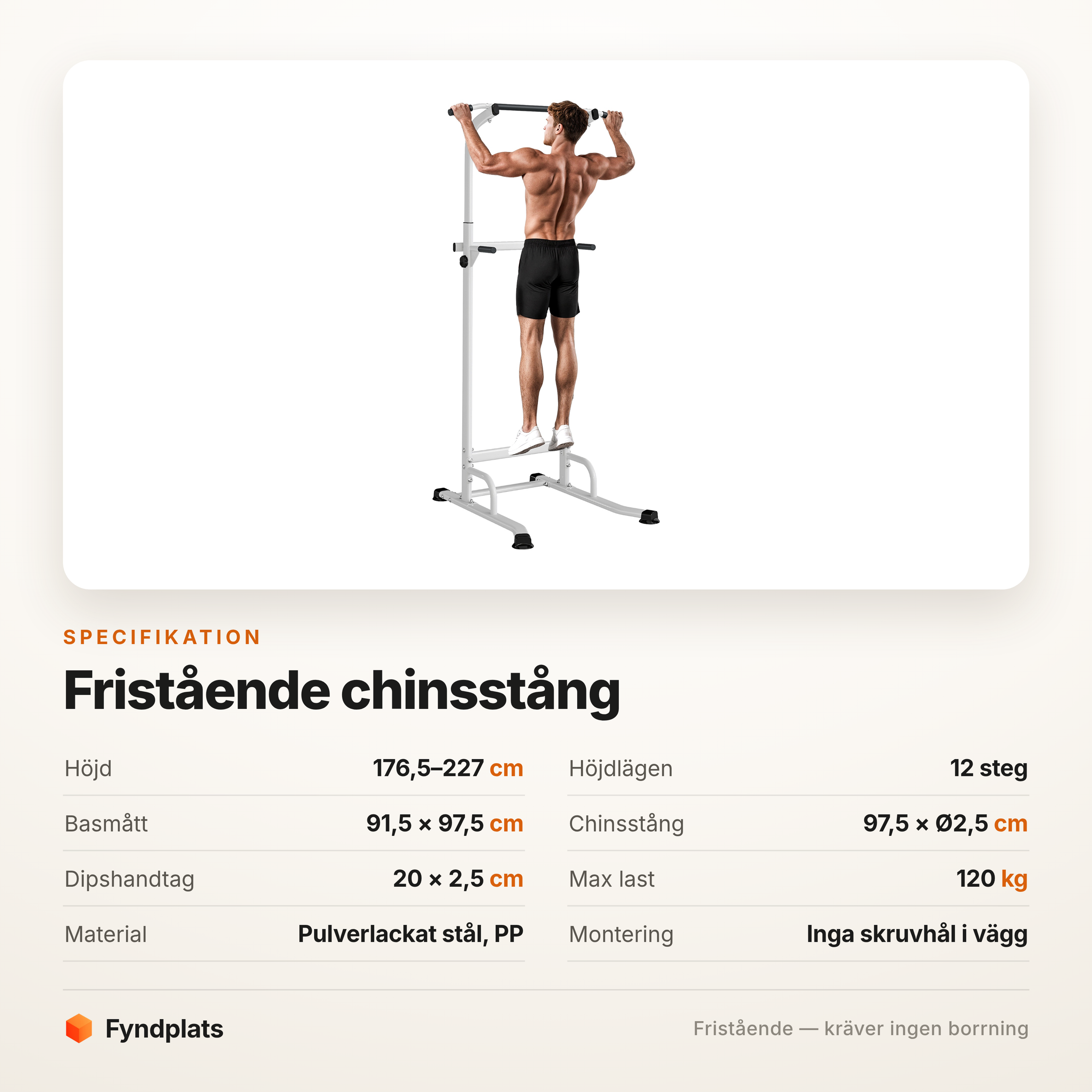 Specifikation för fristående chinsstång – 12 höjdlägen, max 120 kg