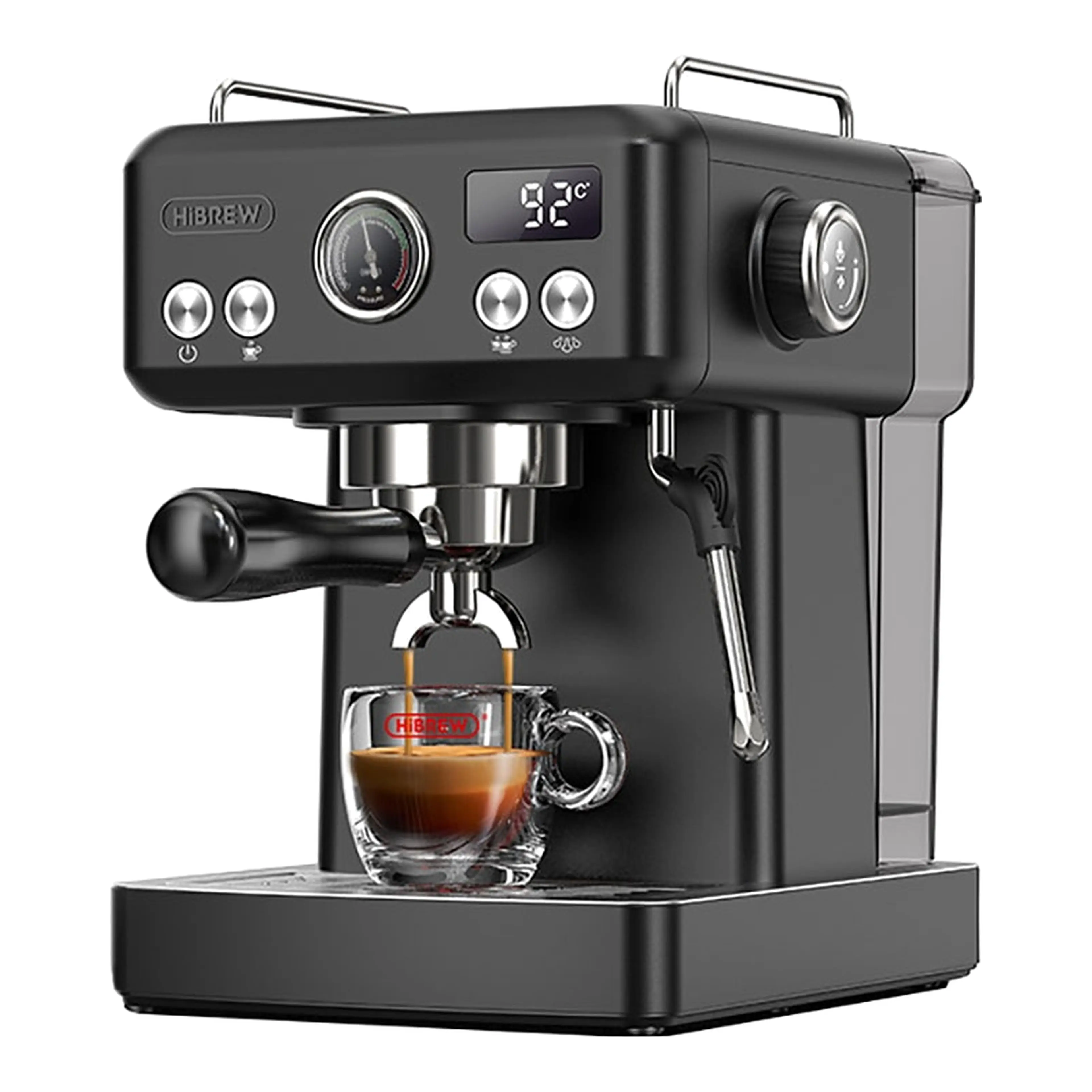 Espressomaskin HiBREW H10A i svart med manometer och ångrör, sedd snett framifrån mot vit bakgrund