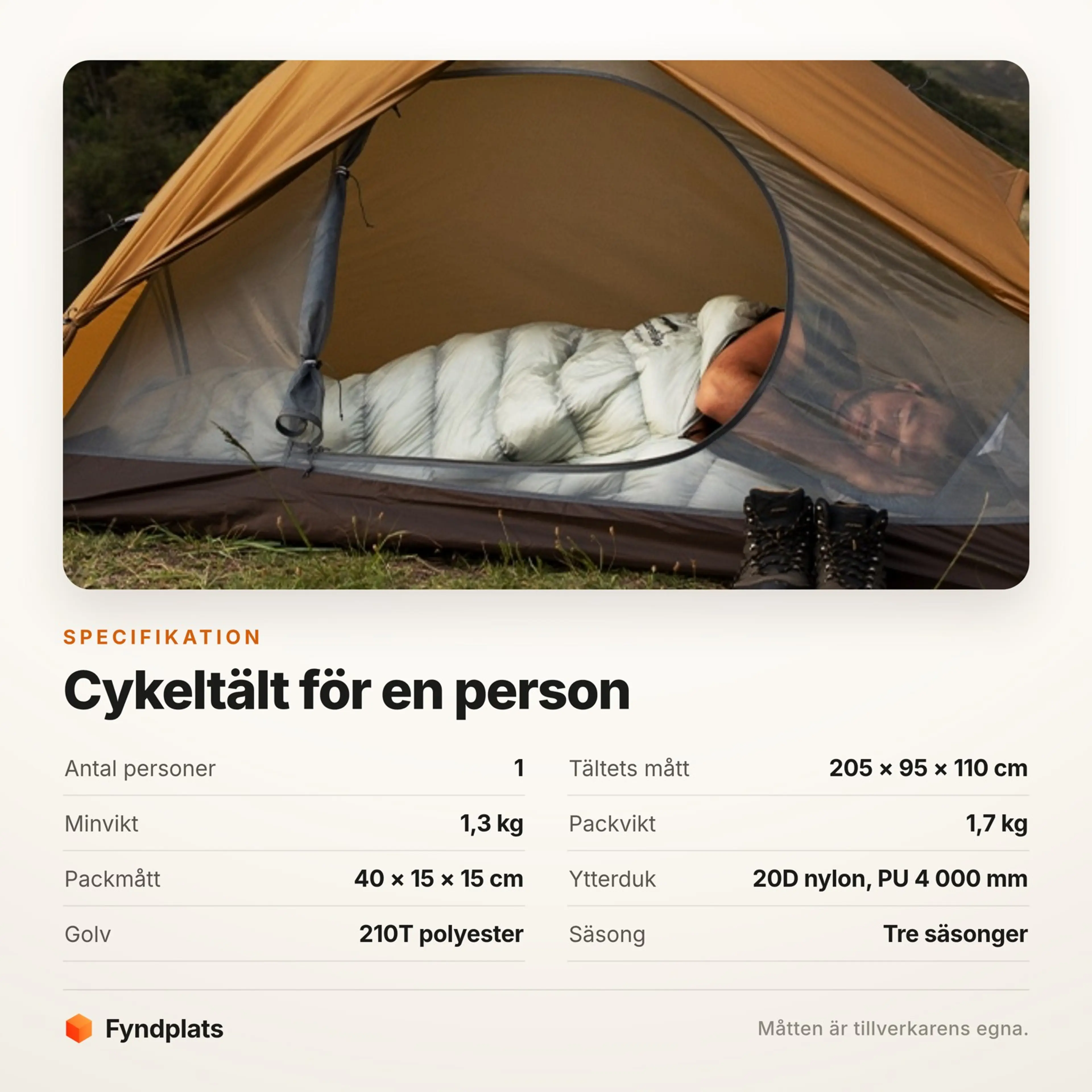 Fyndplats-kort med specifikationer: 1,3 kg, 40 × 15 × 15 cm packat, PU 4 000 mm och tre säsonger