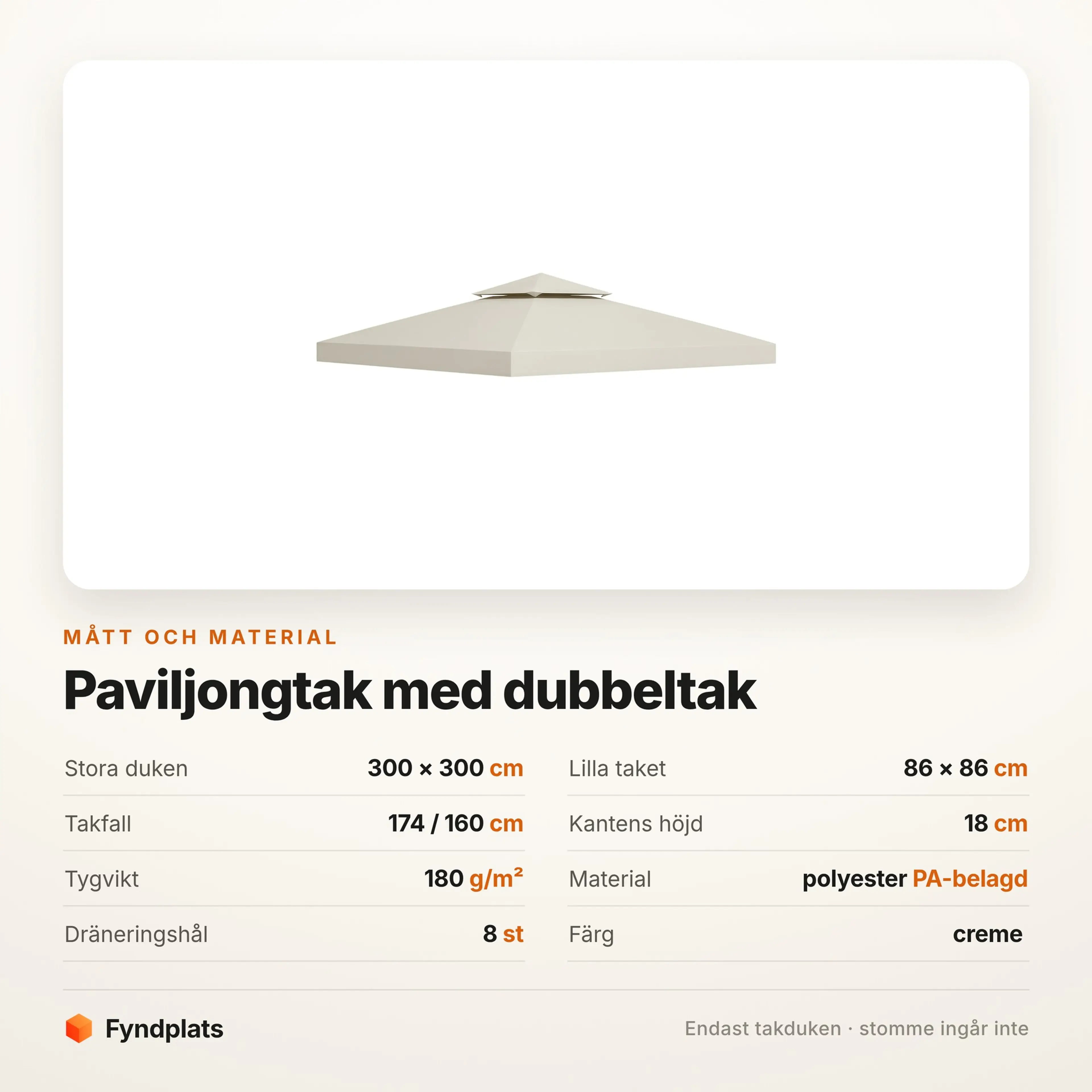 Måttabell för paviljongtaket: 300 × 300 cm duk och 86 × 86 cm topp