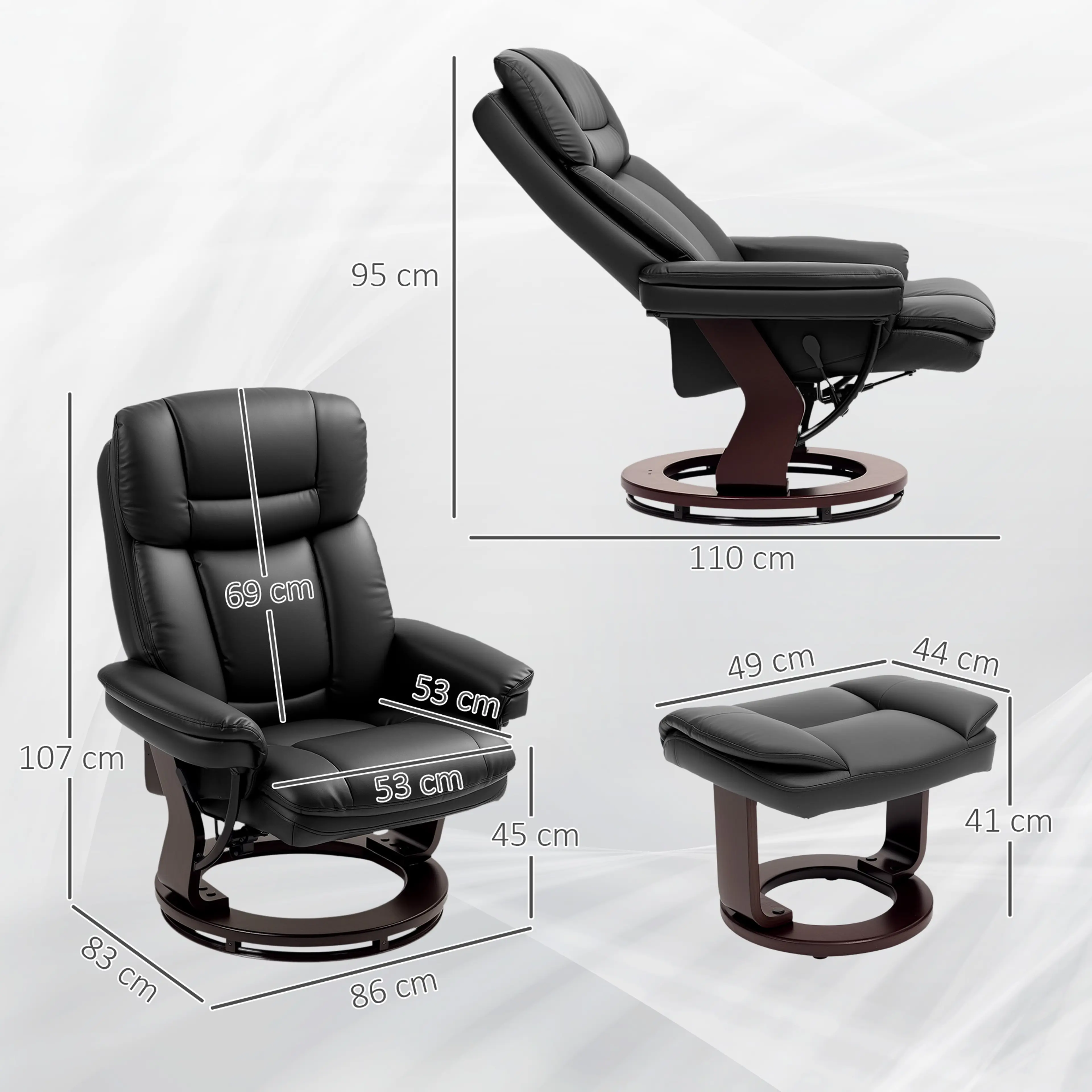 Reclinerfåtölj med fotpall i konstläder, 130° och 360° – svart – bild 6
