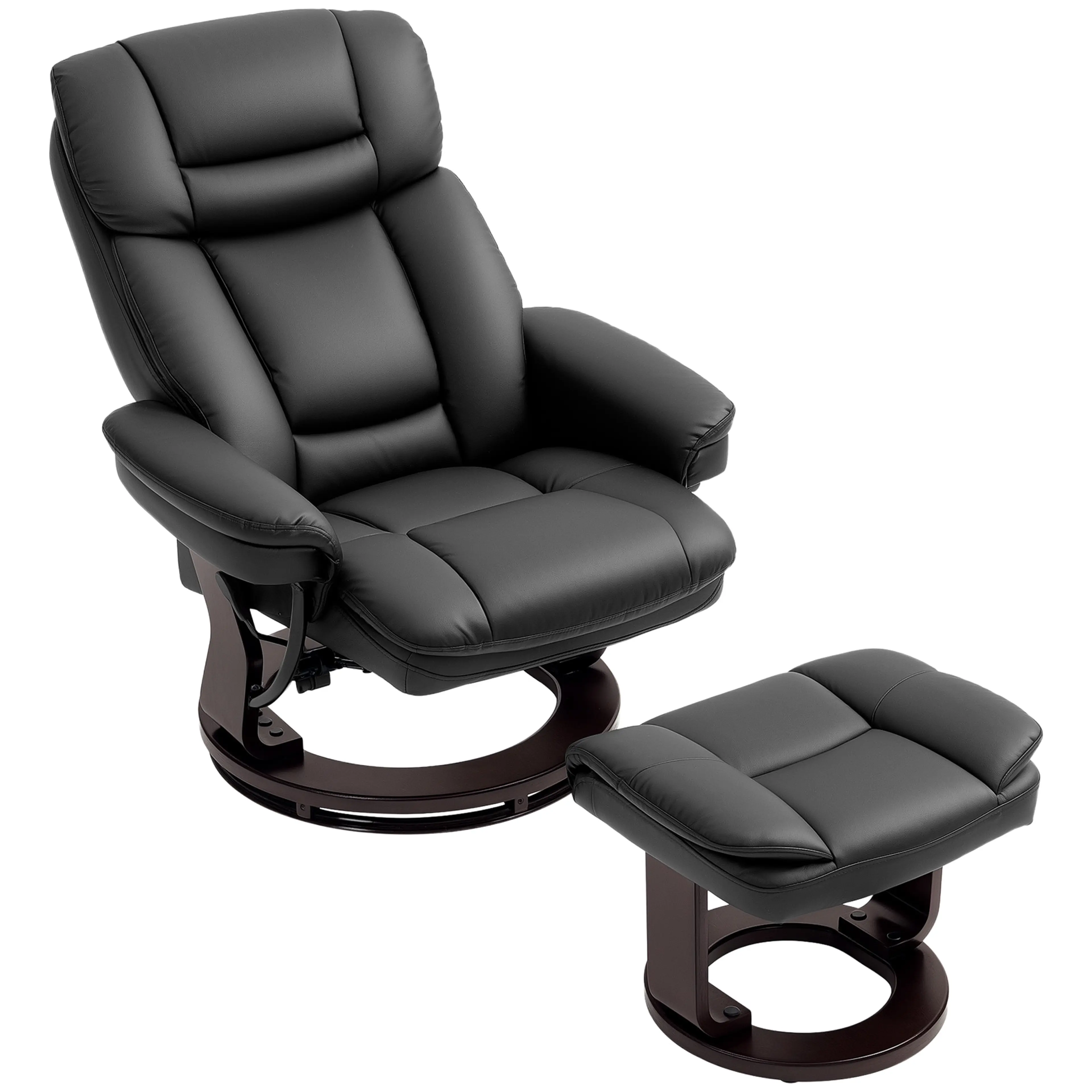 Reclinerfåtölj med fotpall i konstläder, 130° och 360° – svart