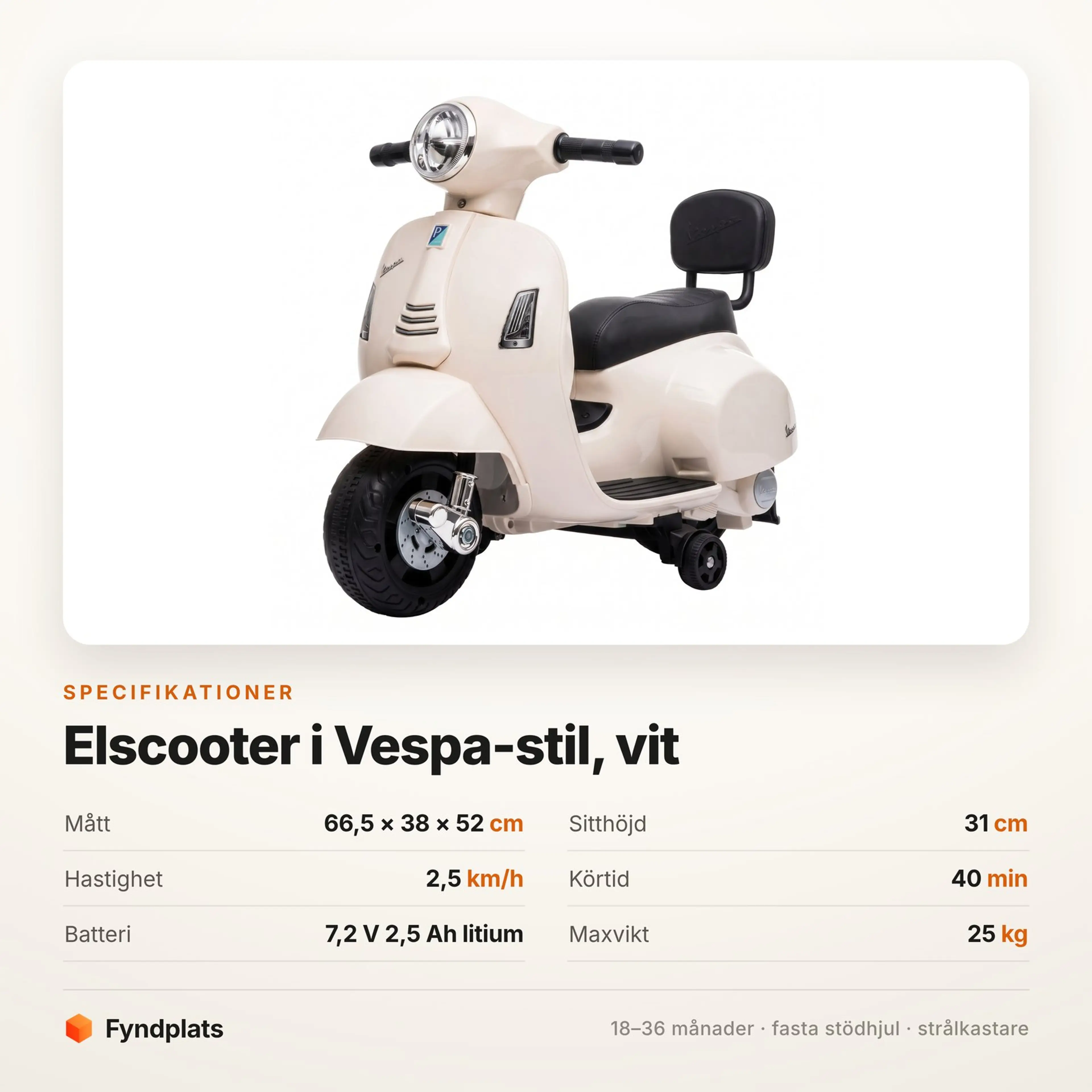 Vespa GTS elscooter för barn 6 V, vit — 18–36 månader – bild 3