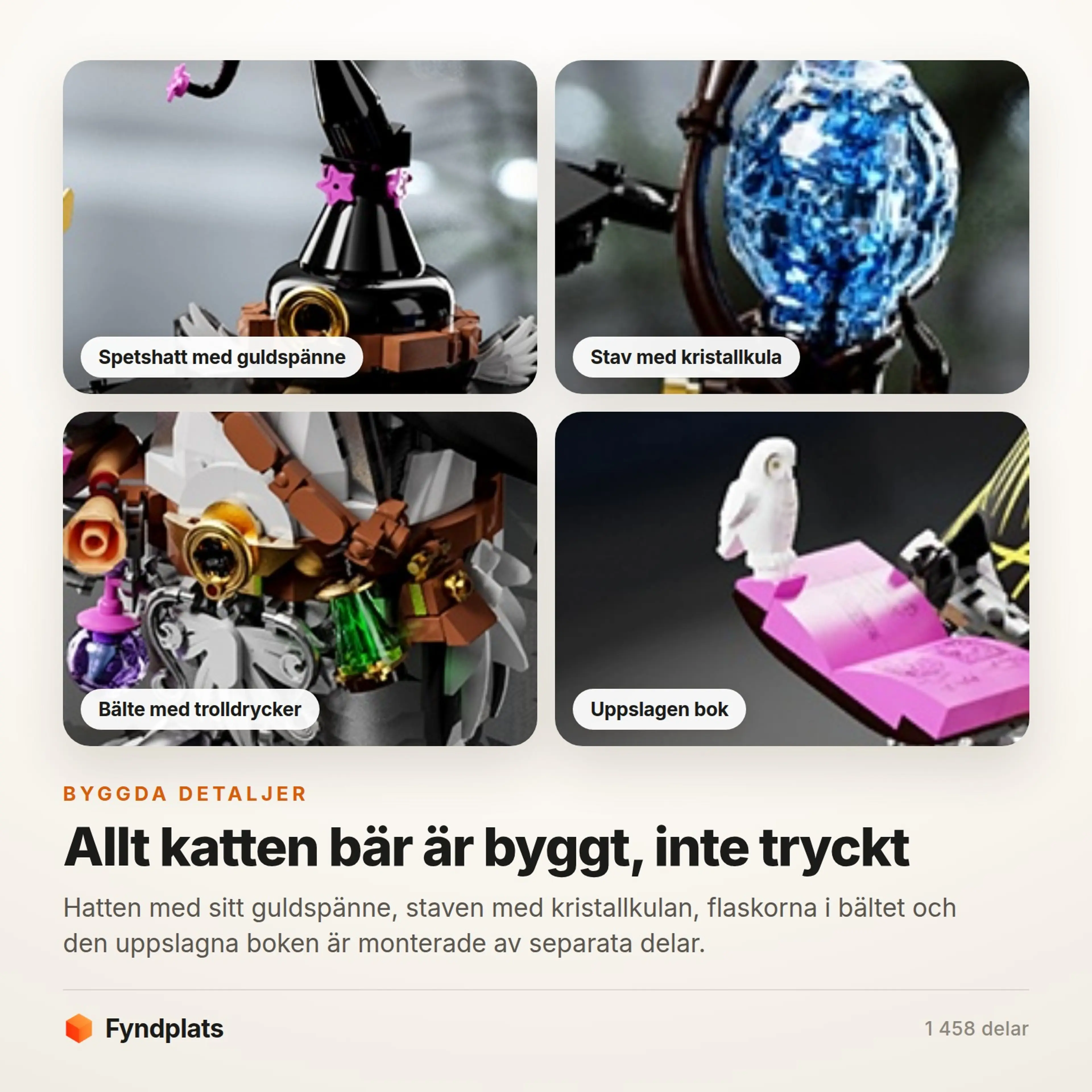 Fyndplats-kort: närbilder på spetshatten, staven med kristallkulan, bältets flaskor och den uppslagna boken