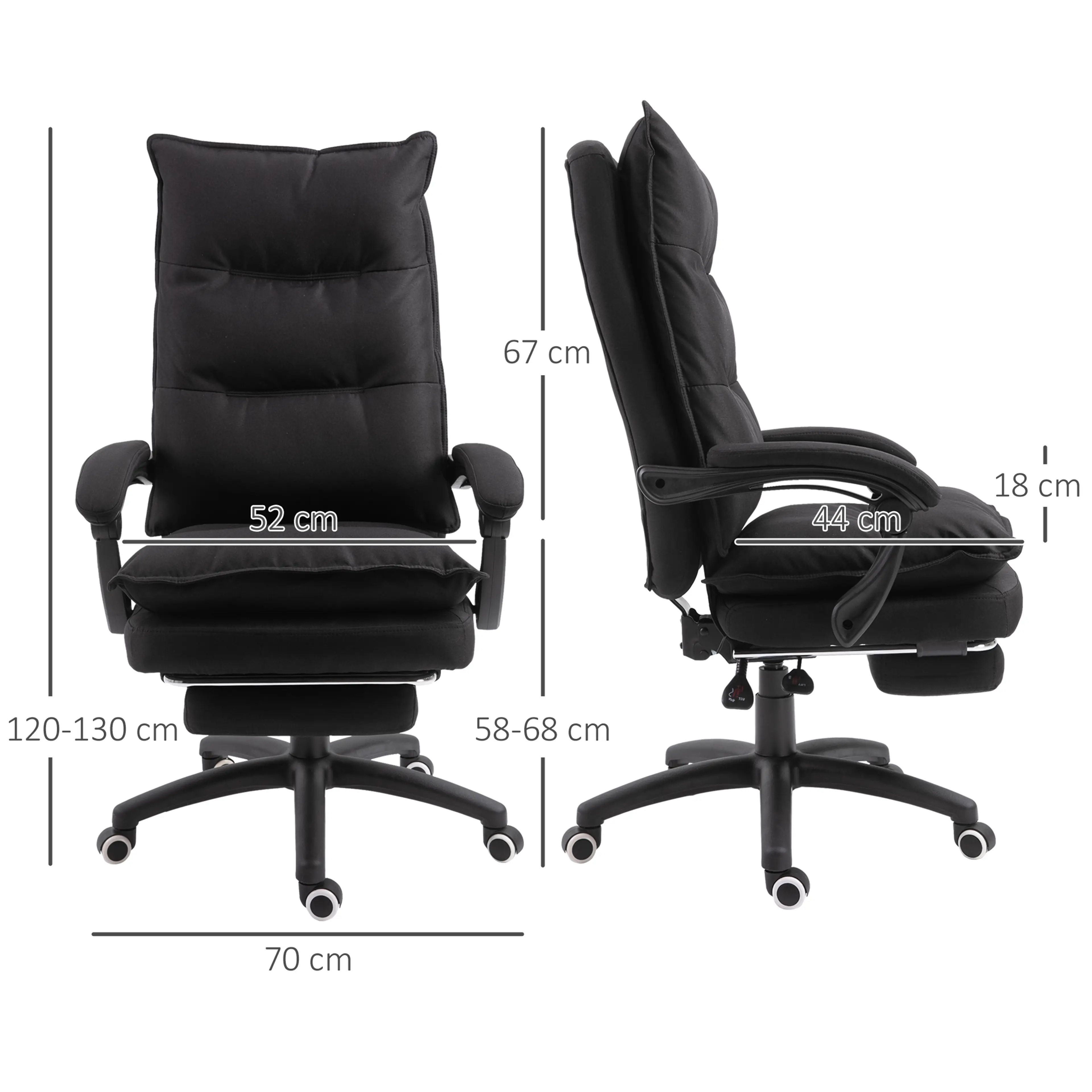 Måttritning med bredd 70 cm, höjd 120–130 cm, sitthöjd 58–68 cm och sits 52 × 44 cm