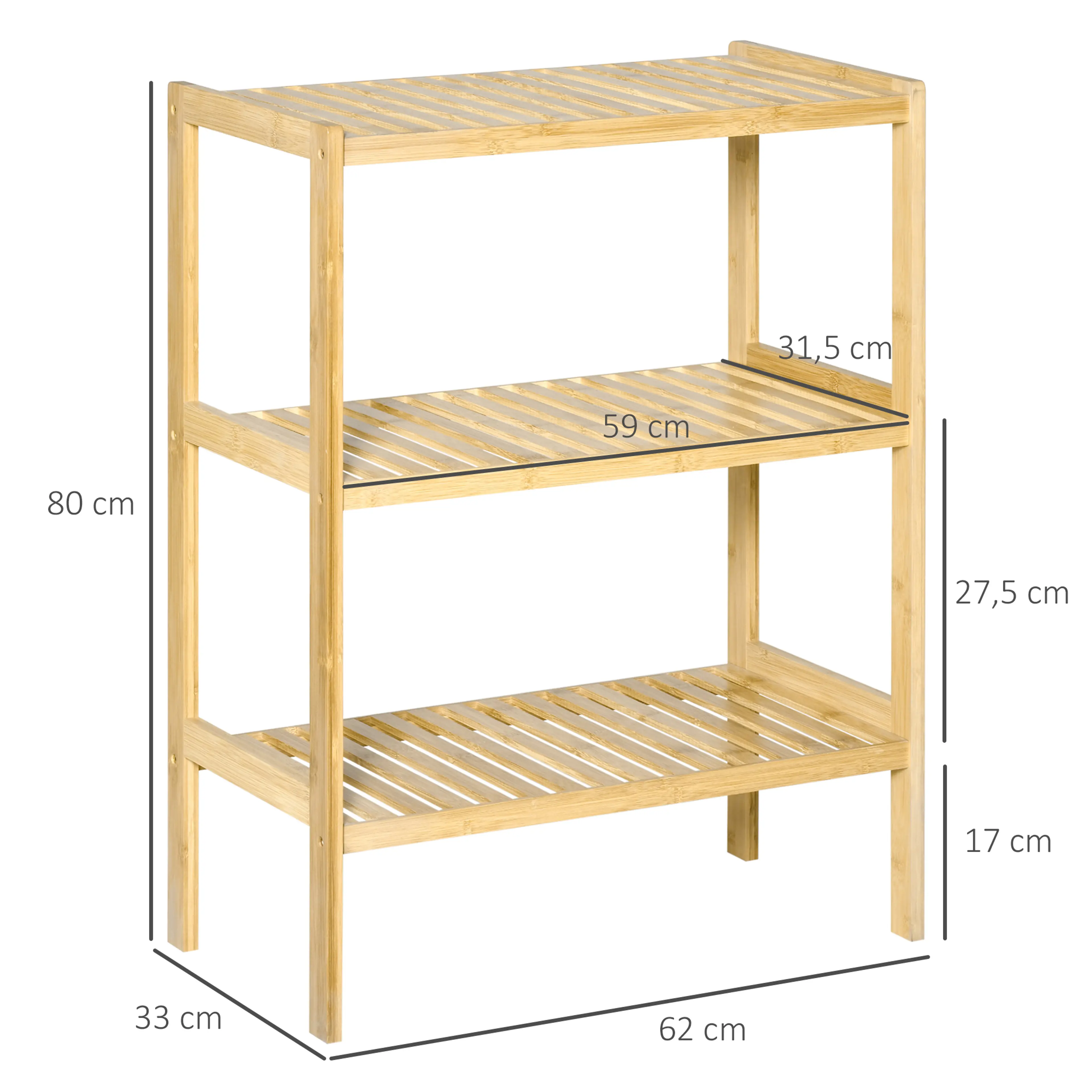 Måttbild med hyllans mått 62, 33 och 80 cm, 27,5 cm mellan planen och 17 cm till golvet