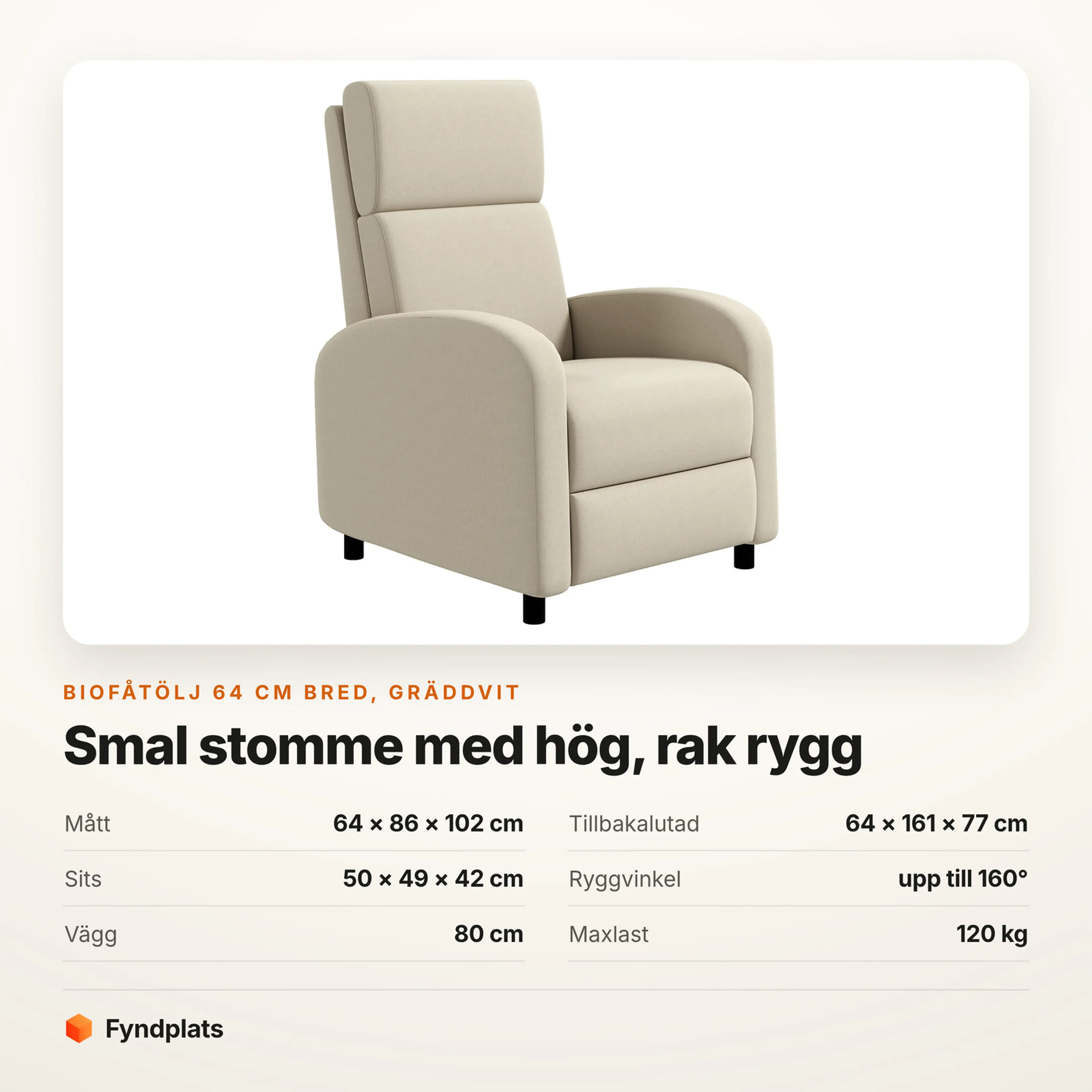 Specifikationer för Biofåtölj 64 cm bred med fjäderkärna, rygg till 160° – gräddvit – kort från Fyndplats