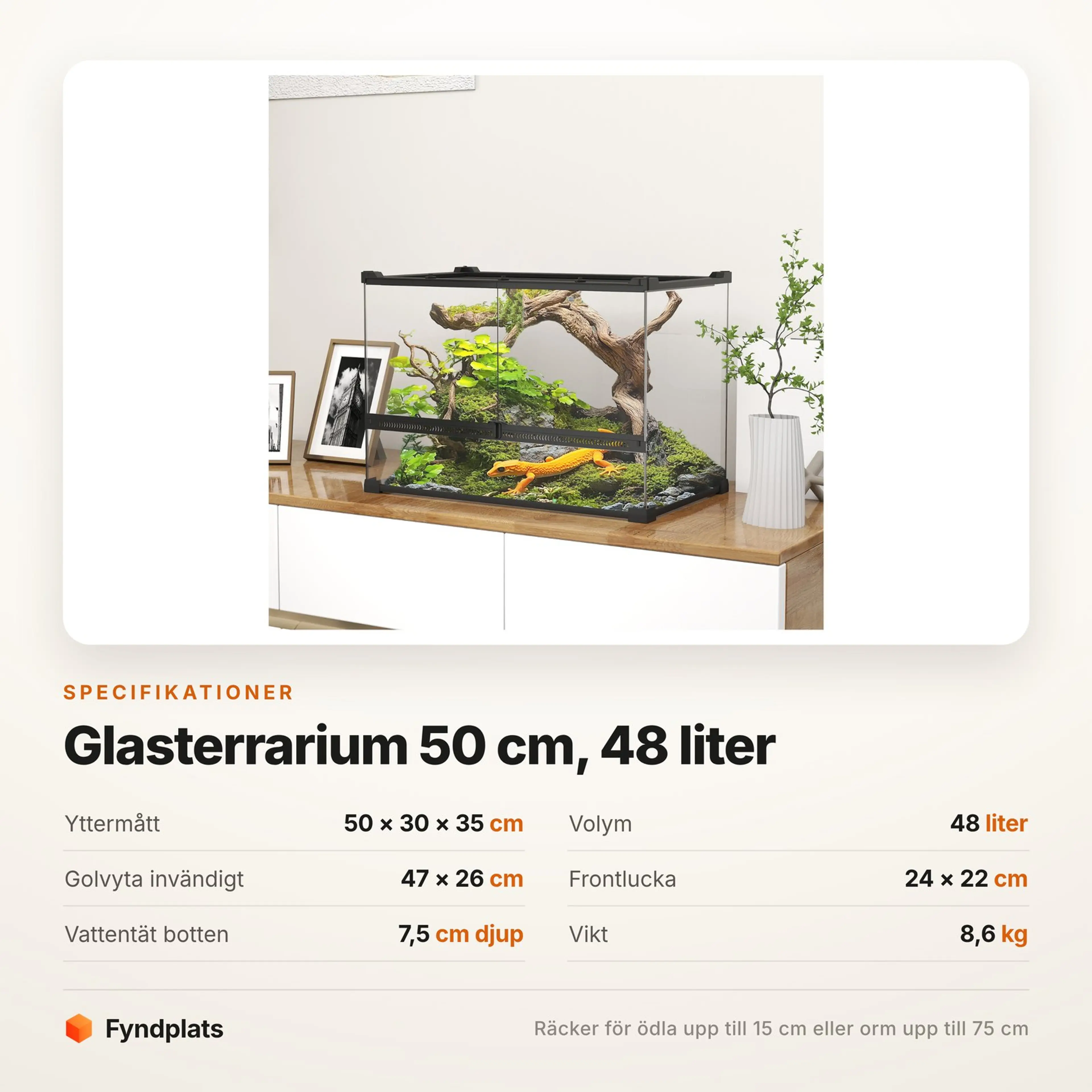 Glasterrarium 50 × 30 × 35 cm, 48 liter med frontlucka – bild 4