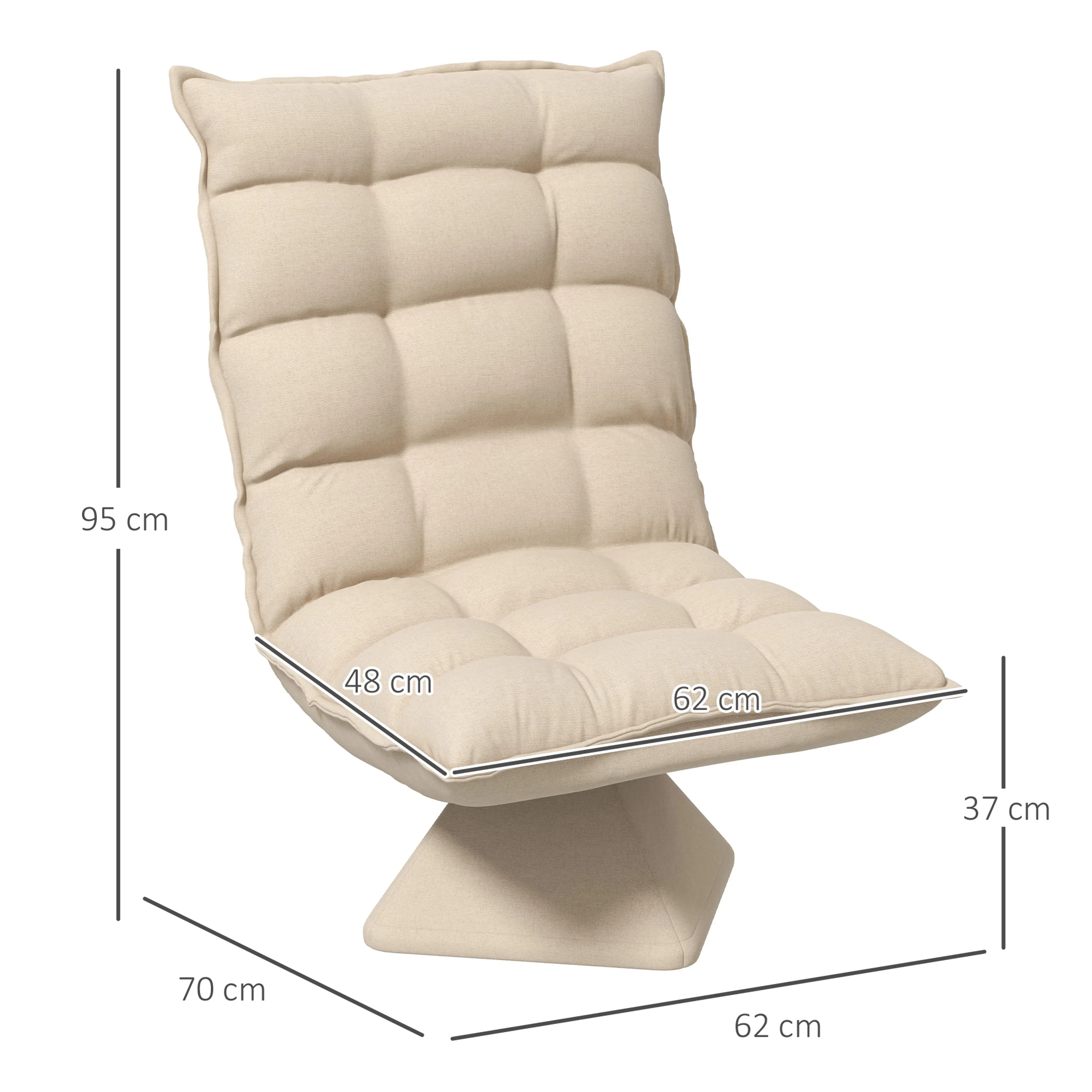 Golvfåtölj i beige linnelook, måttskiss med mått i centimeter och sitthöjd