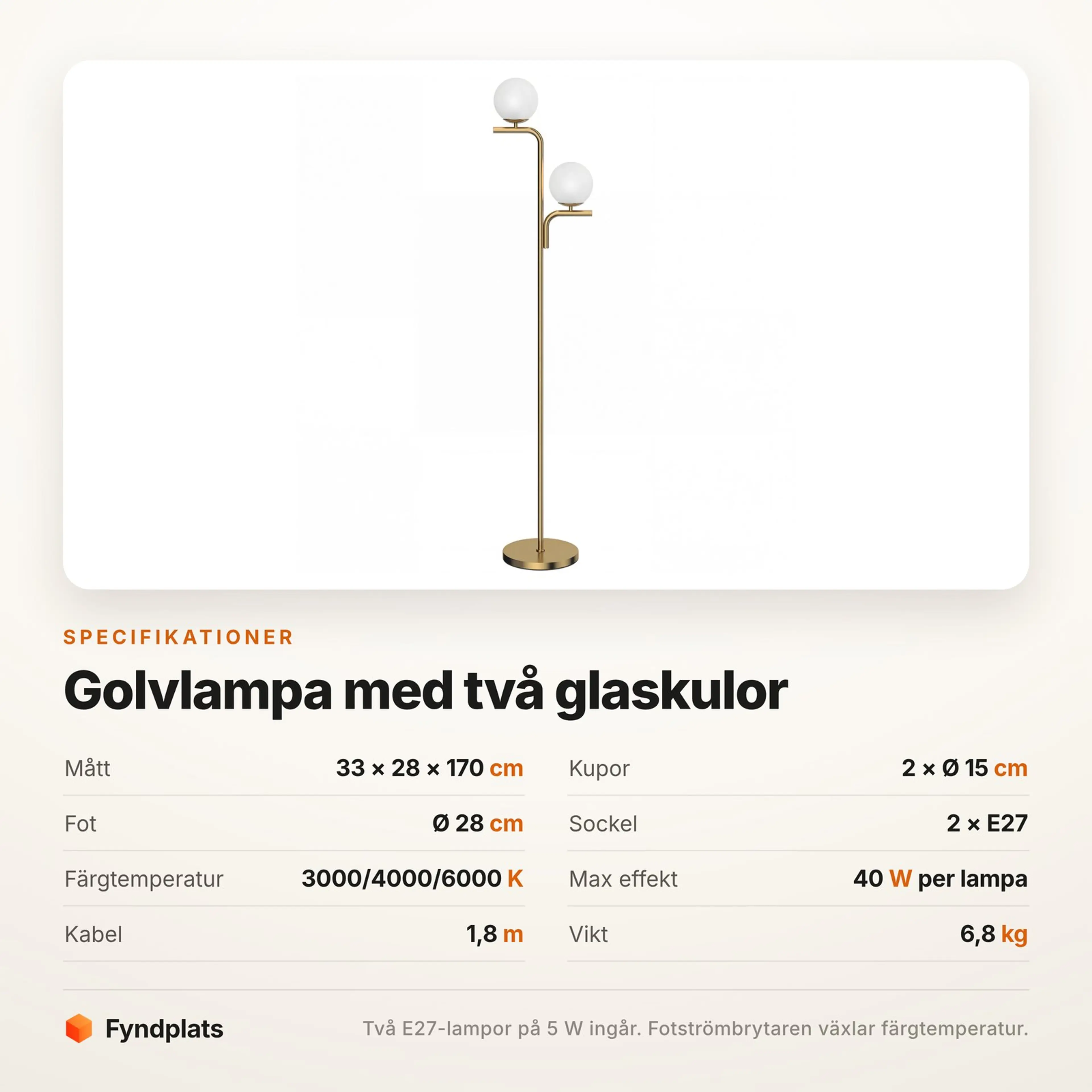 Fyndplats specifikationskort med lampans mått, sockel och färgtemperaturer