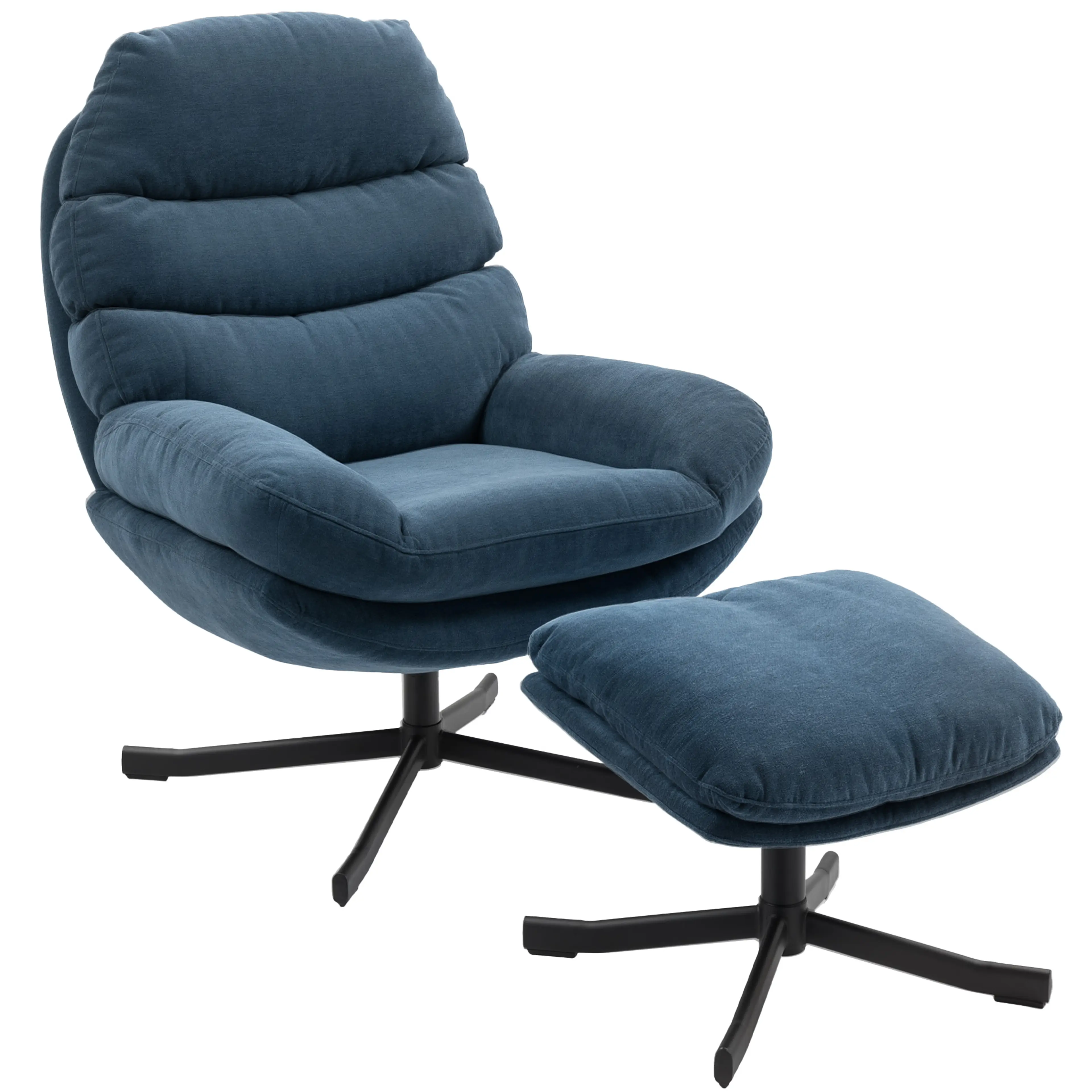 Loungefåtölj med fotpall i chenille, 360° snurrfot – blå