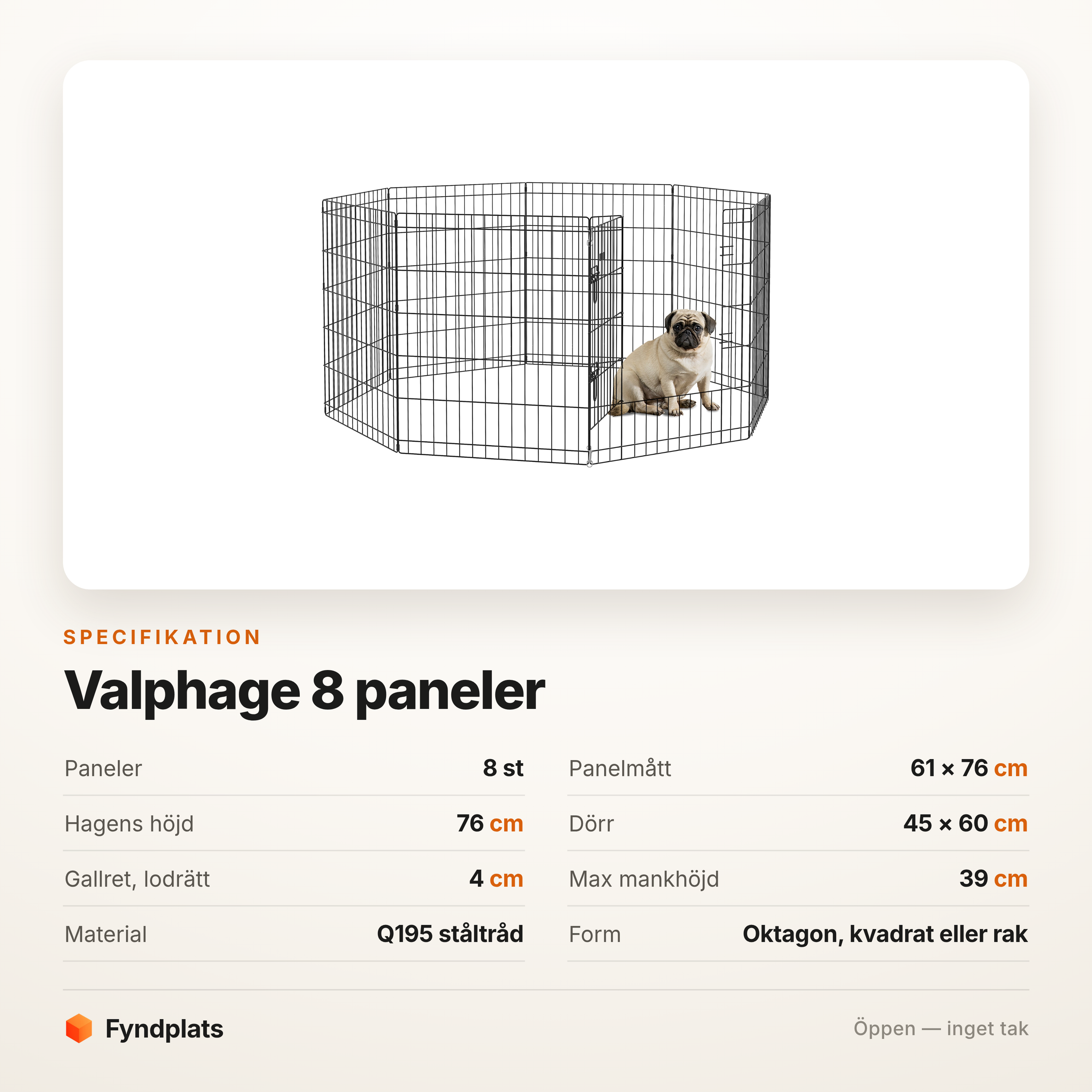Specifikation för valphage 8 paneler – 61 × 76 cm per panel, öppen hage