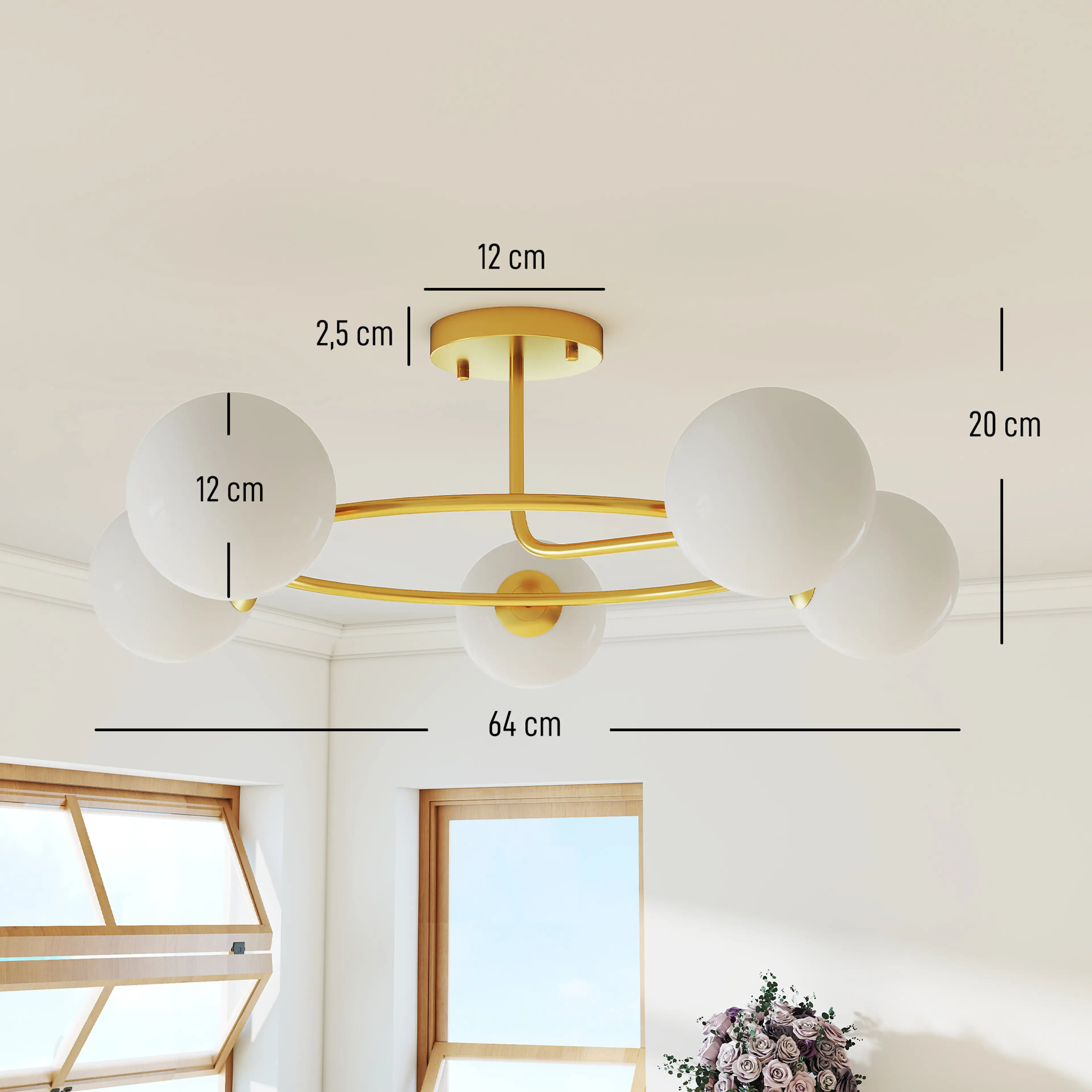 Taklampa med fem glaskulor Ø64 cm – guldram, G9, bara 20 cm hög – bild 4