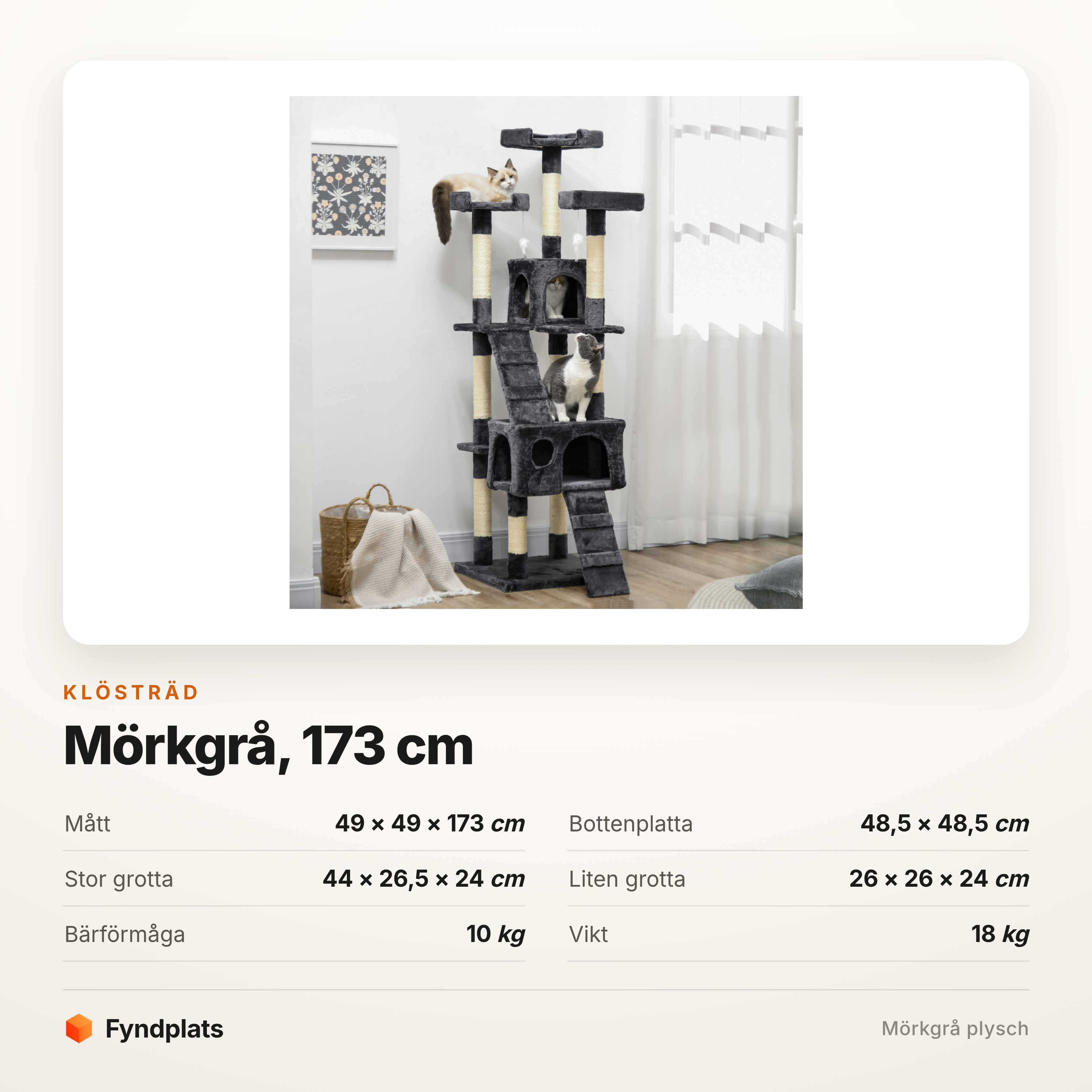 Klösträd mörkgrå 173 cm – två grottor, tre liggplan och sisallindad stege – bild 5