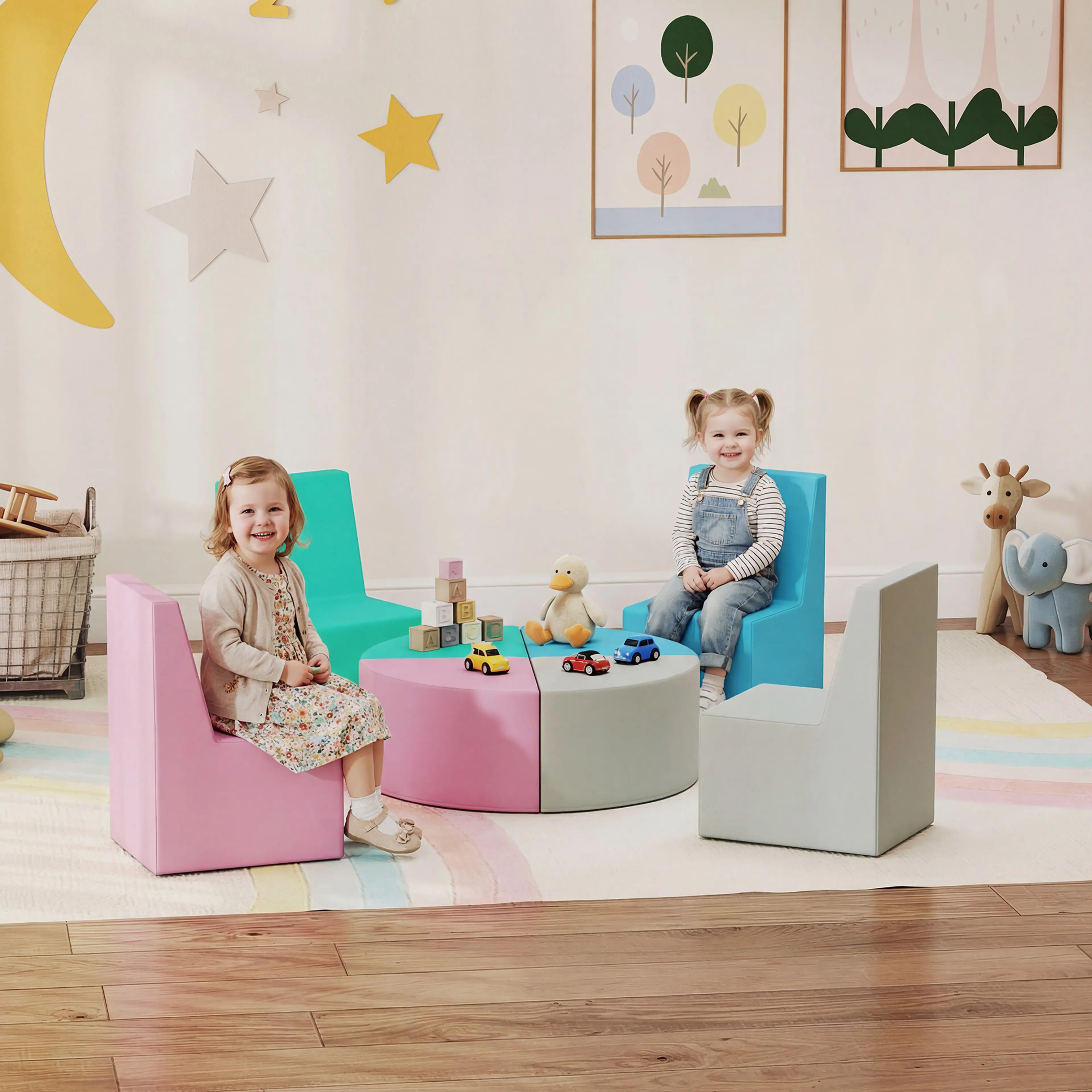 Två små barn sitter på skumstolarna vid det runda bordet med leksaker på