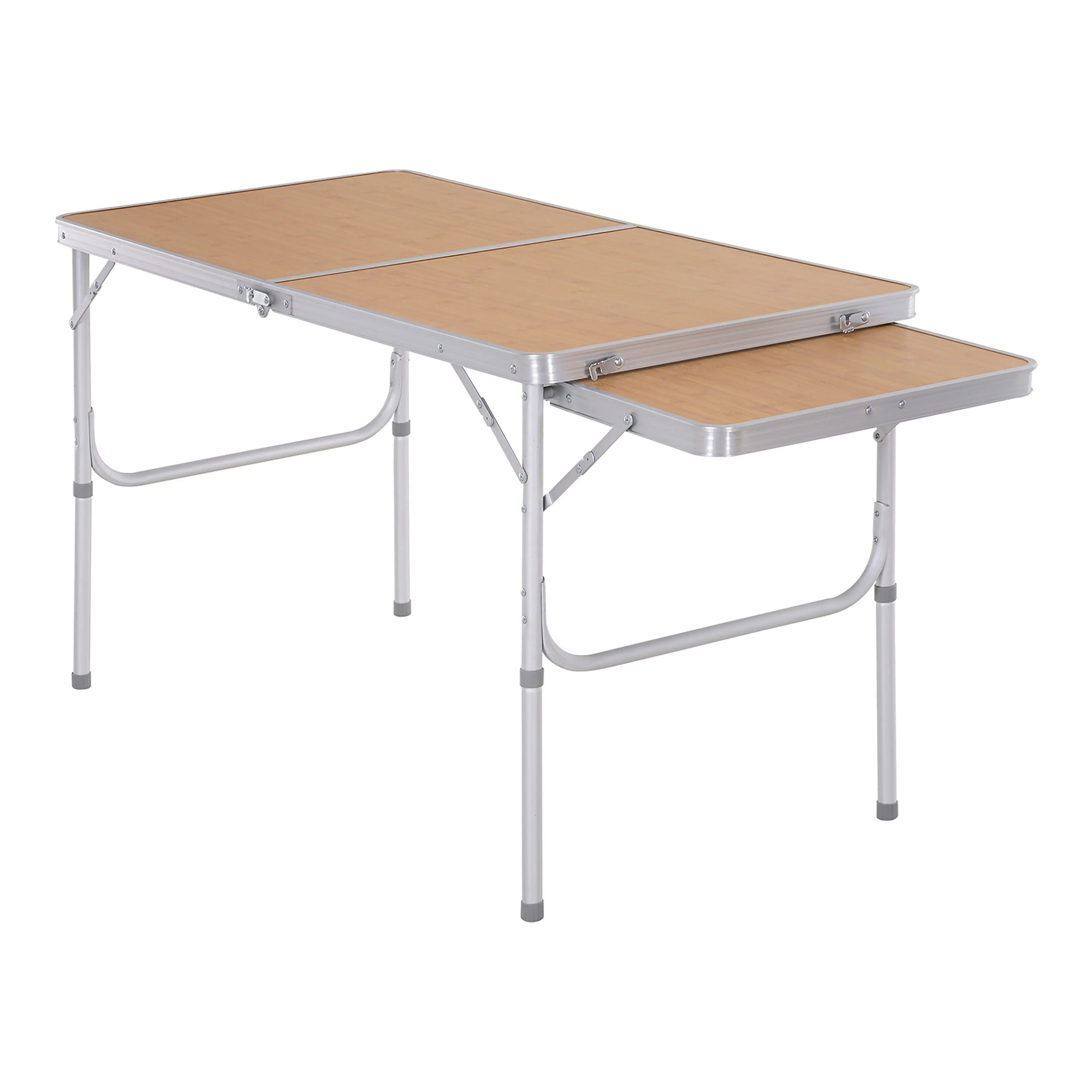 Hopfällbart picknickbord i aluminium med bambumönstrad skiva och utfälld sidoklaff.