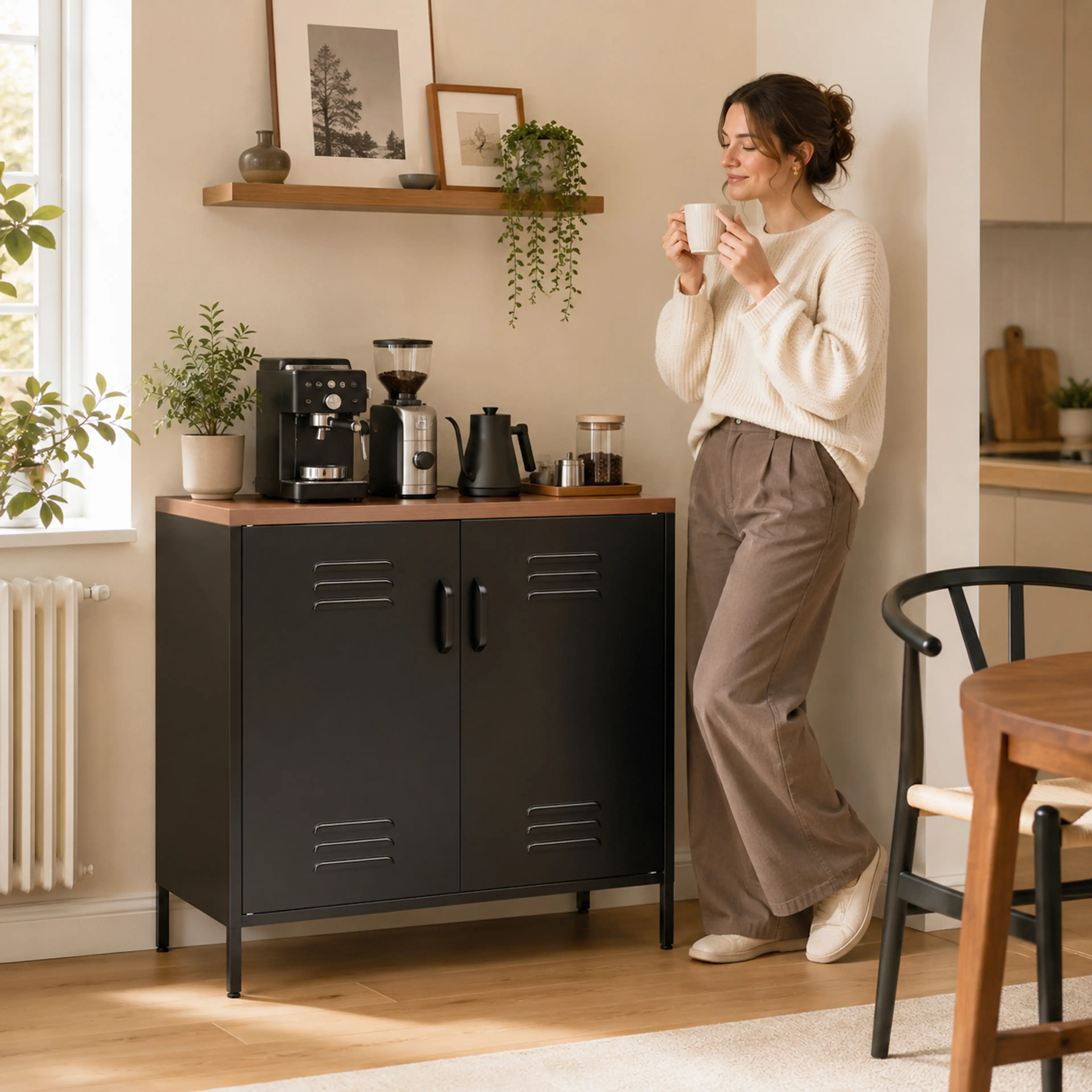 Skåpet som kaffestation i ett kök med bryggare och kanna på skivan
