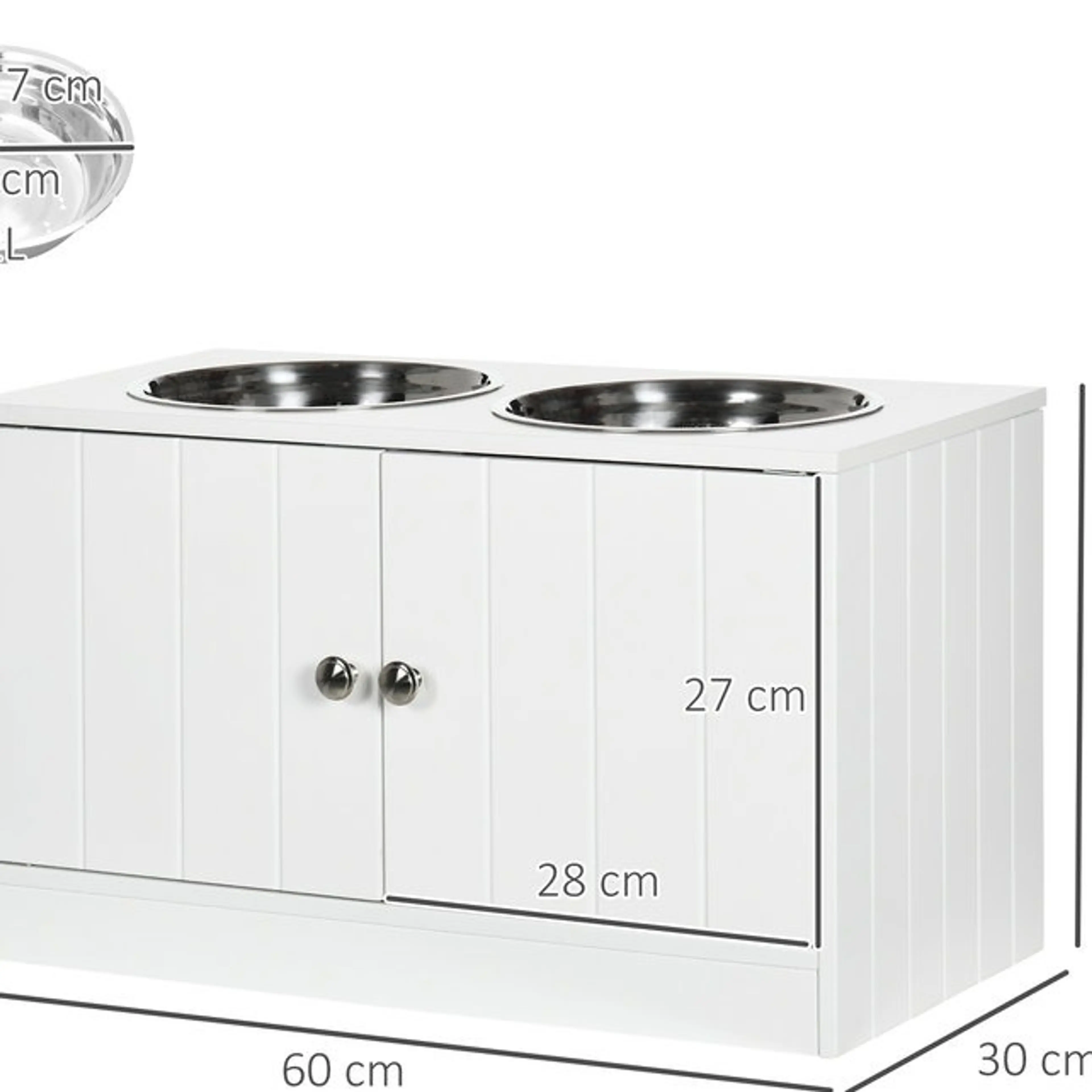 Måttritning: 60 cm brett, 30 cm djupt och 35,5 cm högt, lucka 28 × 27 cm, skål Ø 24 × 7 cm