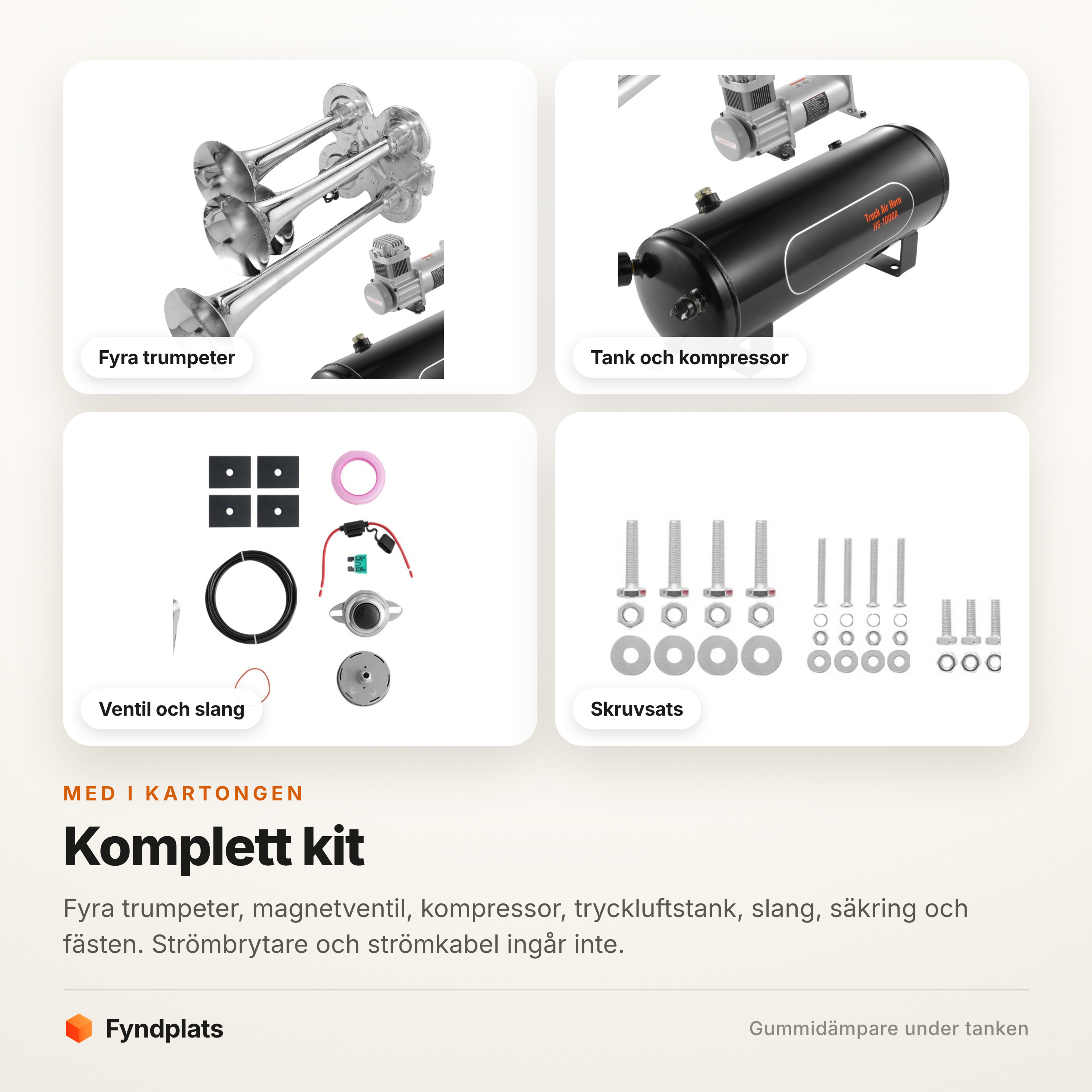 Innehållet i tryckluftshornets sats – trumpeter, tank, kompressor, ventil och skruvar