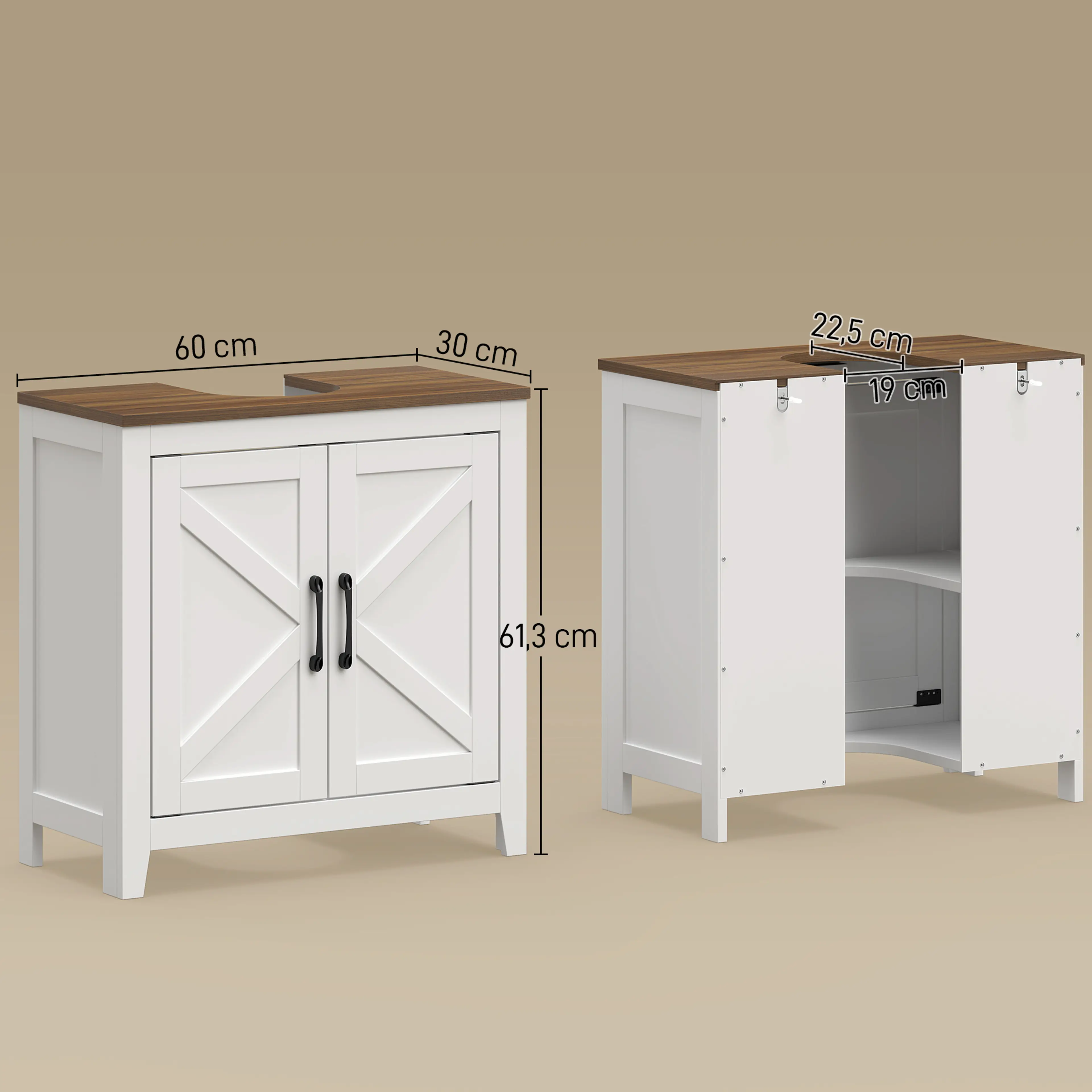 Måttskiss för tvättställsskåpet: 60 × 30 × 61,3 cm med urtag 22,5 × 19 cm