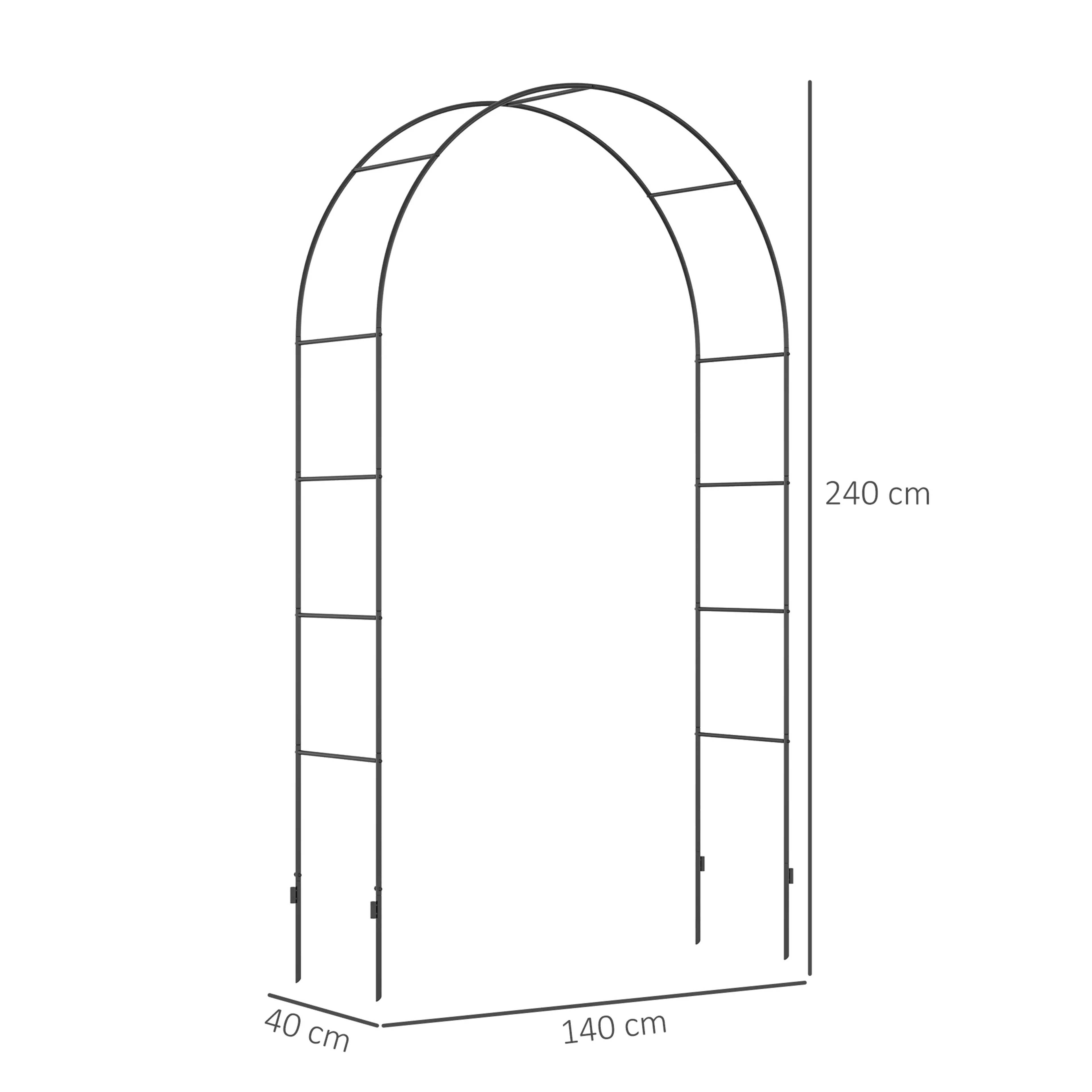 Måttbild: bågen är 140 cm bred, 40 cm djup och 240 cm hög