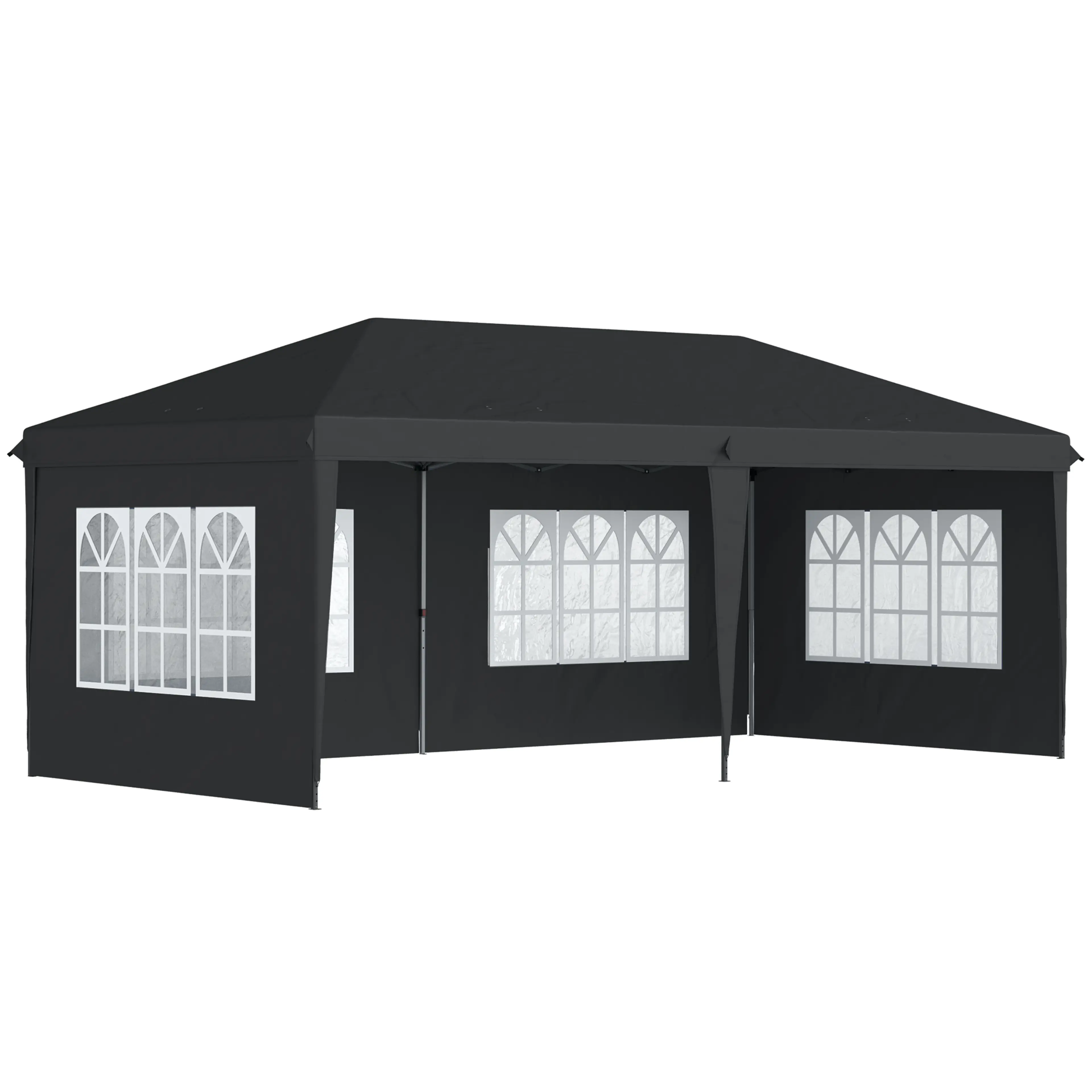 Svart pop up-paviljong 3 × 6 m med fyra sidoväggar och fönster med vita spröjs, på vit bakgrund