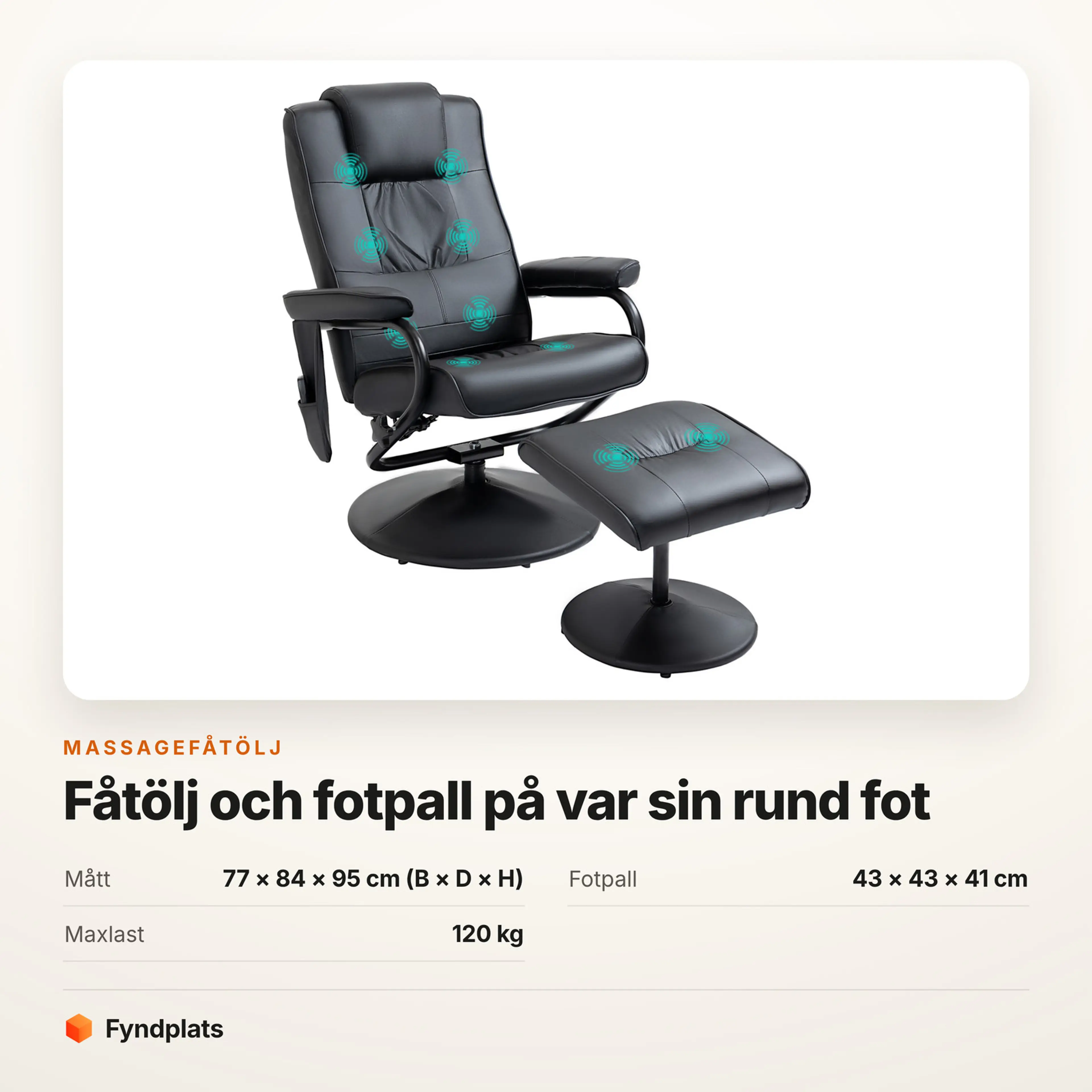 Faktakort: massagefåtölj svart, 77 × 84 × 95 cm och maxlast 120 kg