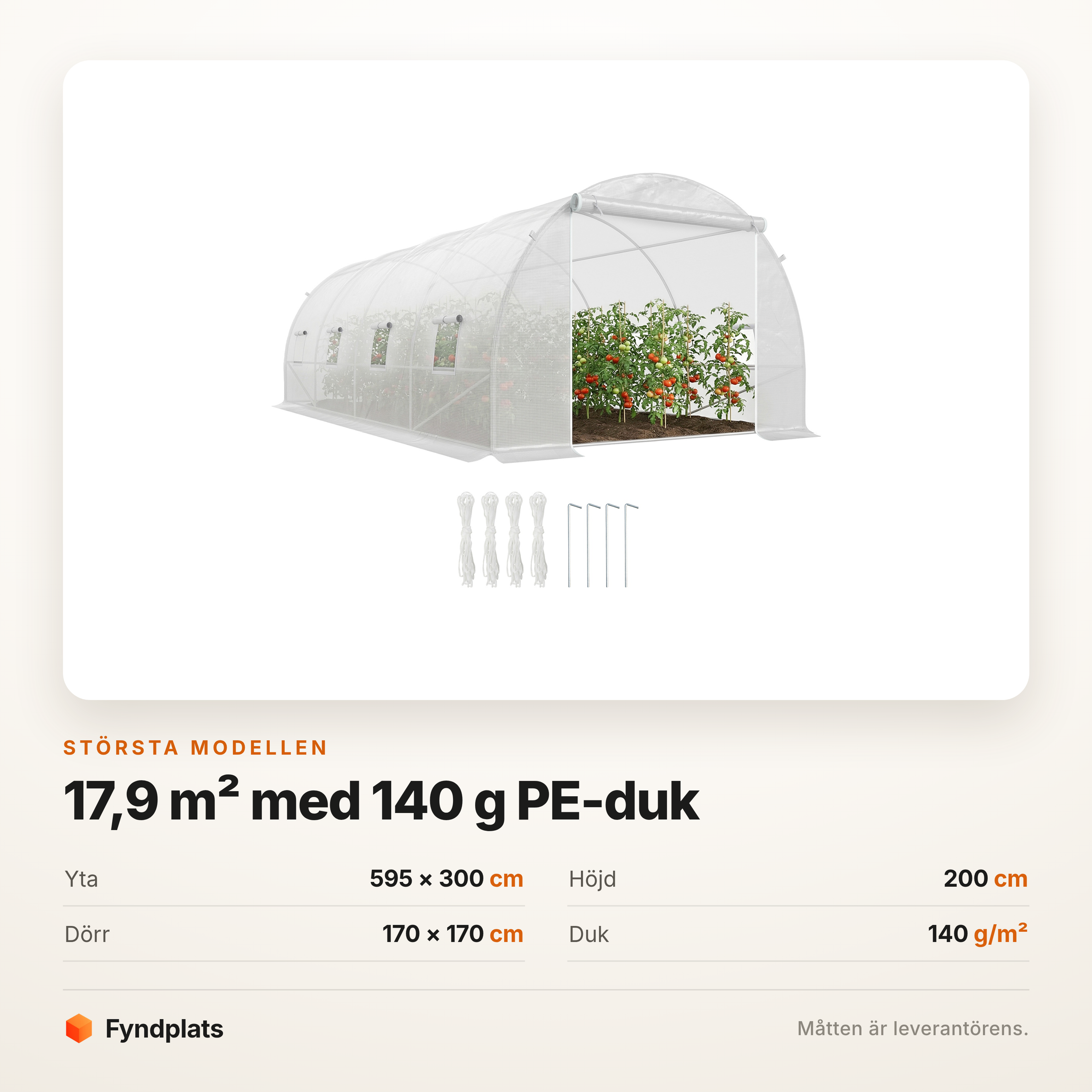 Måttkort: 595 × 300 cm yta, 200 cm höjd, dörr 170 × 170 cm, duk 140 g/m²