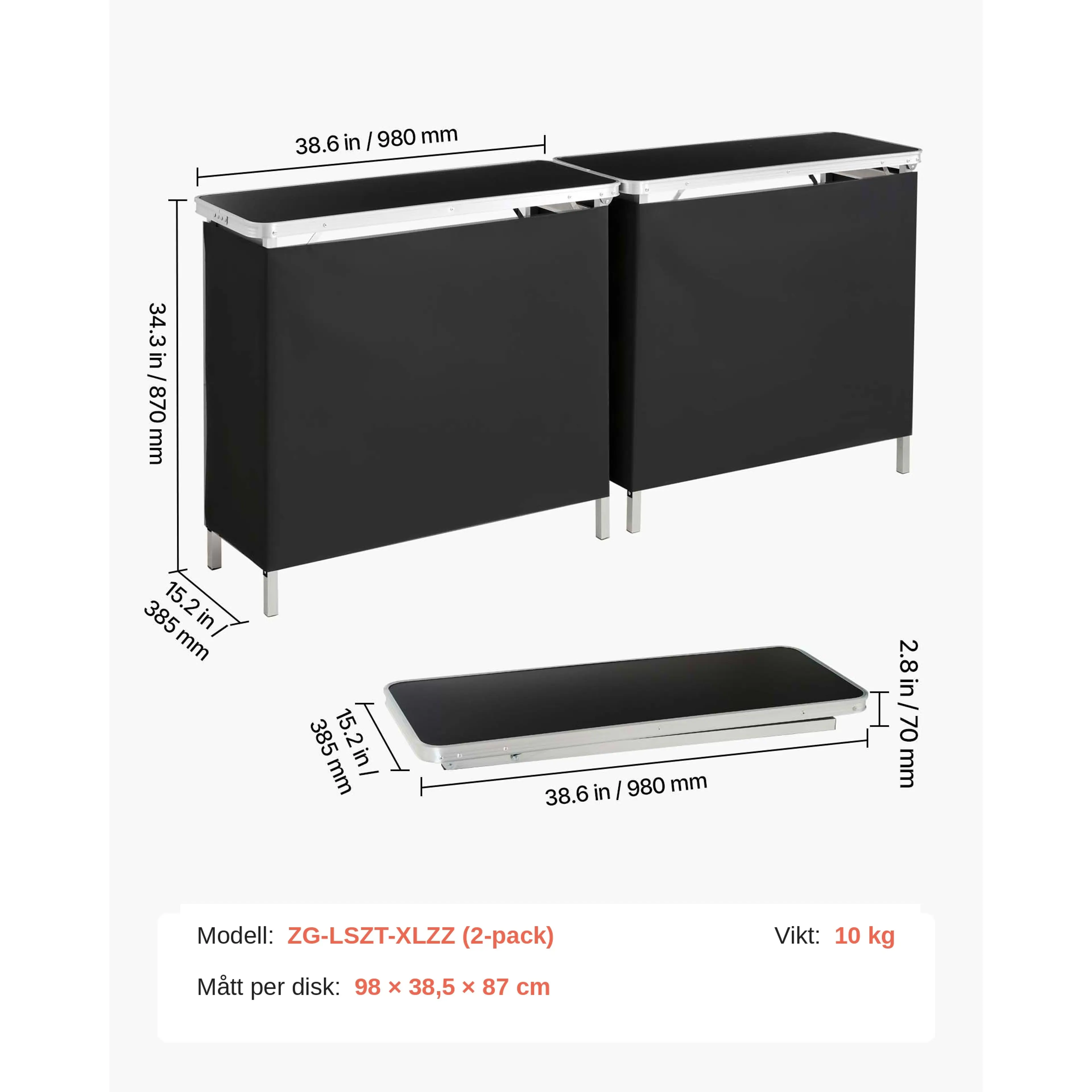 Måttskiss hopfällbar bardisk 98 cm 2-pack – två diskar à 98 × 38,5 × 87 cm