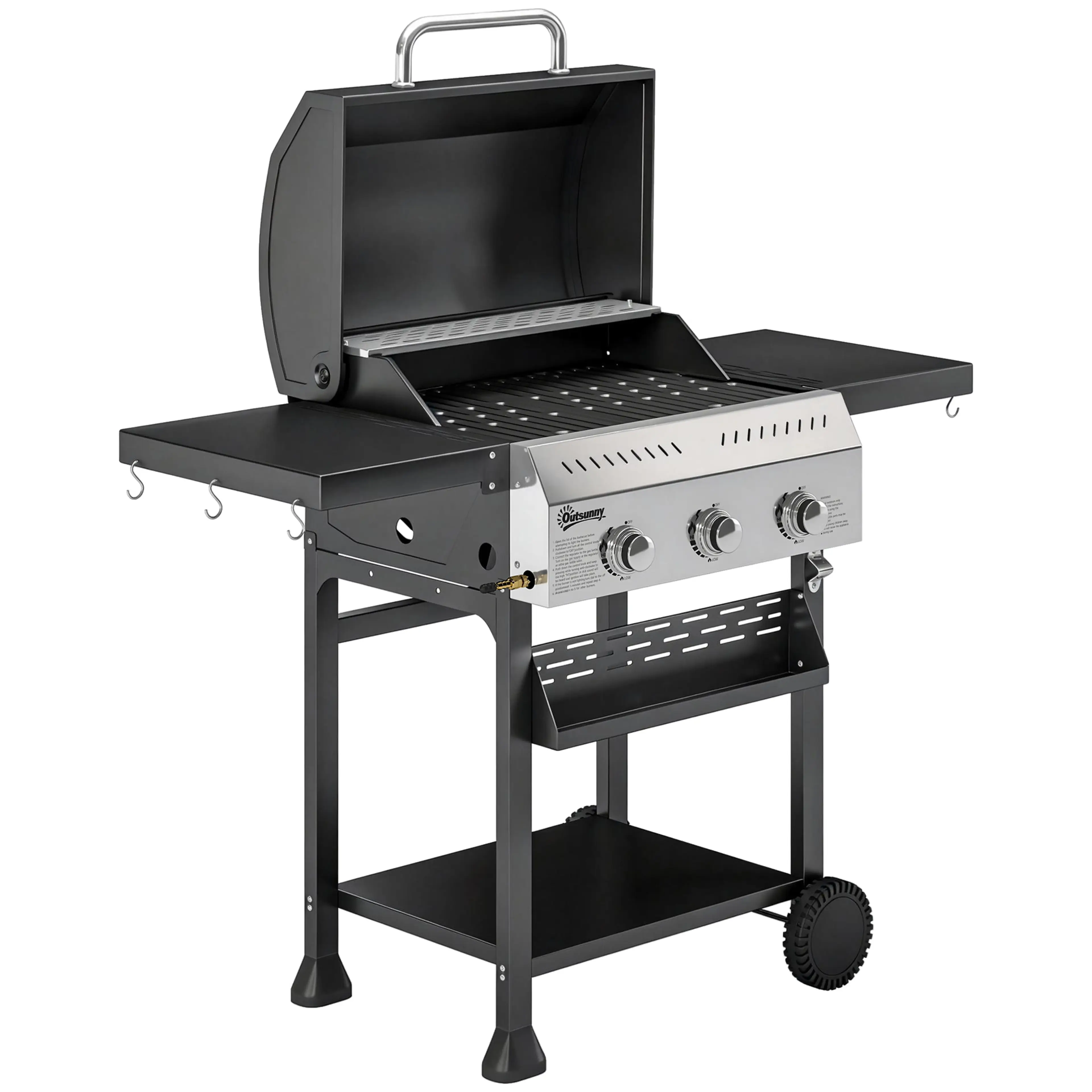Gasolgrill med tre brännare i rostfritt stål, uppfällda sidobord och kryddhylla