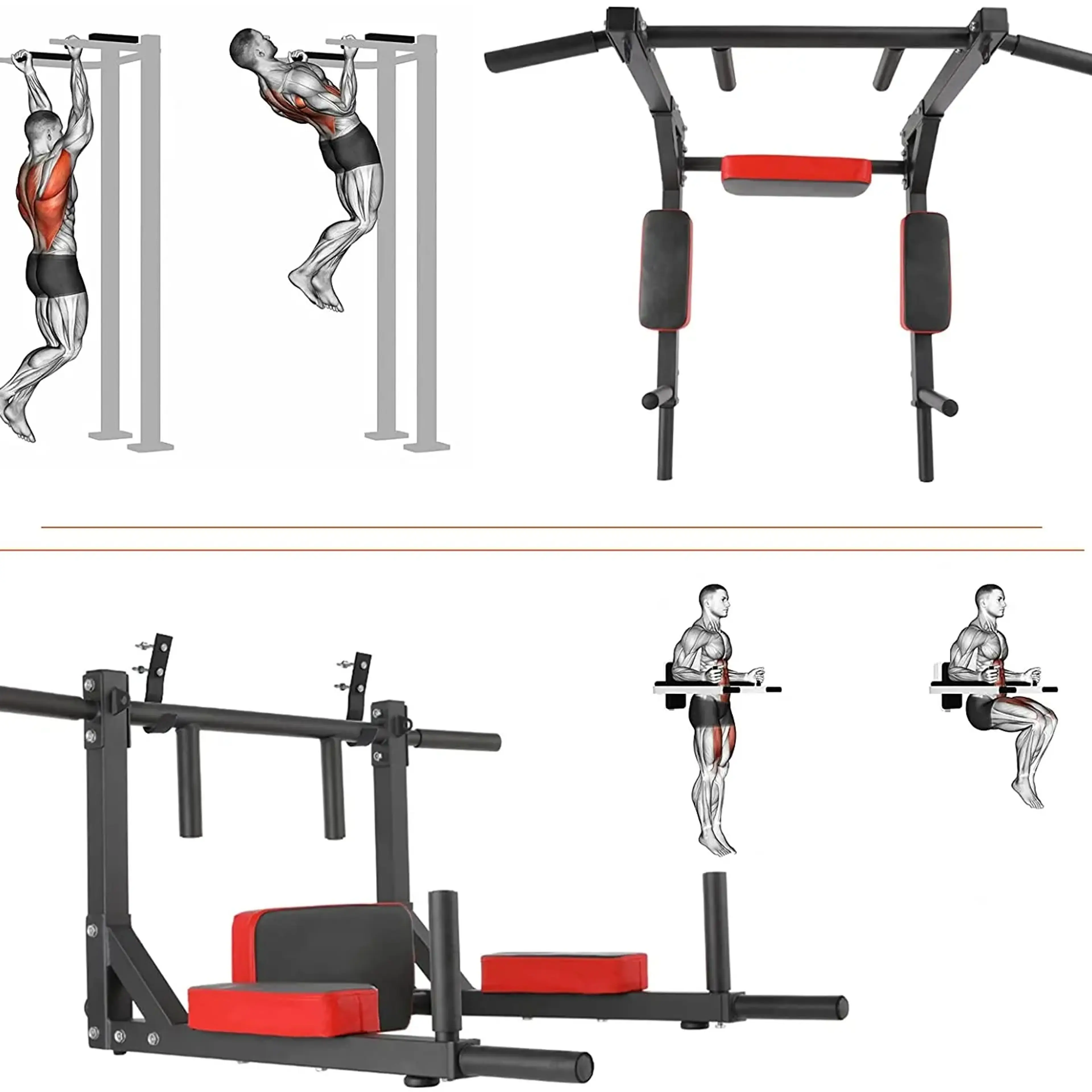 Övningar i stången: pull-ups, chins, dips och benlyft
