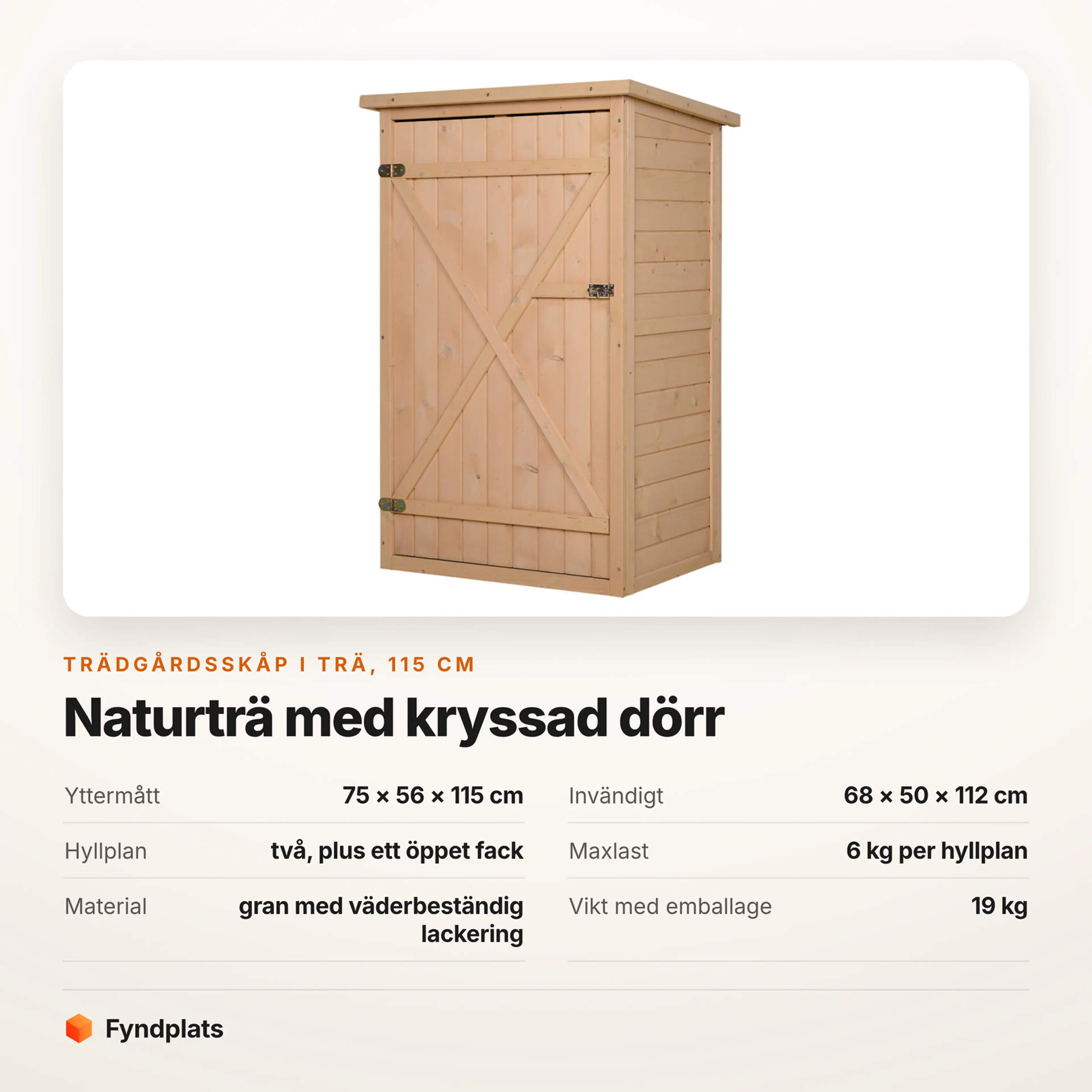 Faktakort: trädgårdsskåp i trä 115 cm, mått, hyllplan, maxlast och material