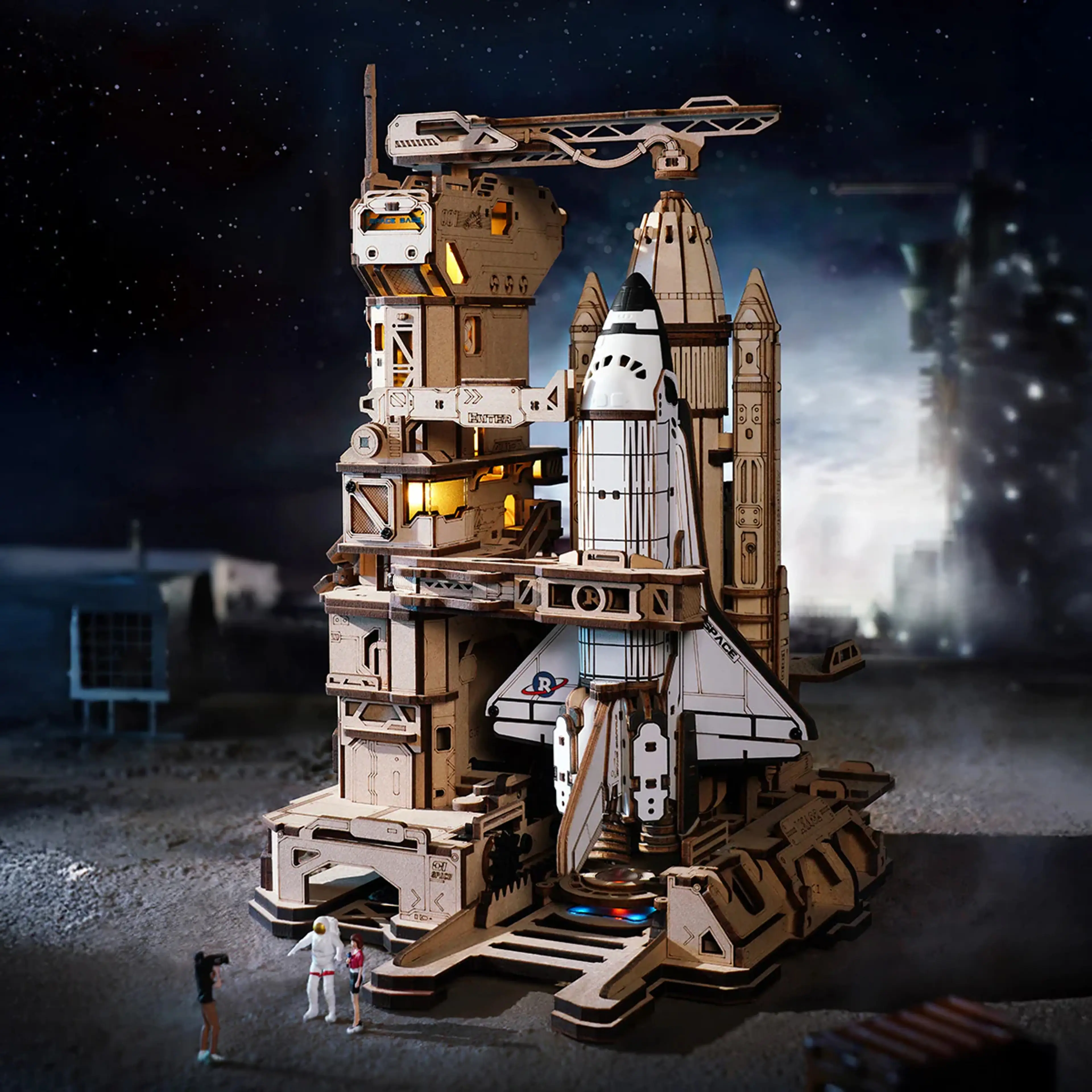 3D-träpussel raket – mekanisk rymdfärja med raketramp, ljus och 446 delar