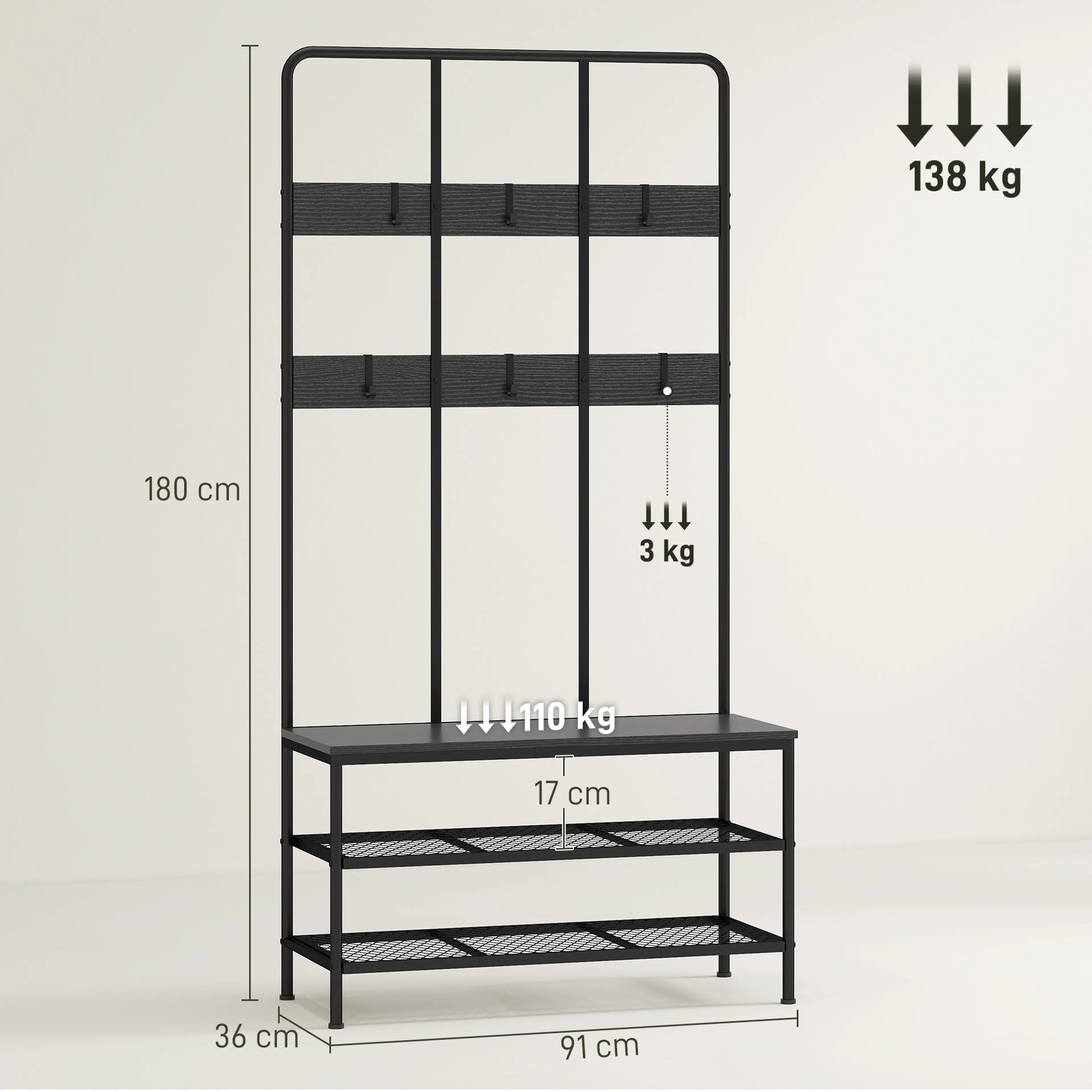 Måttskiss: 180 cm hög, 91 × 36 cm golvyta, 110 kg på bänken och 138 kg totalt