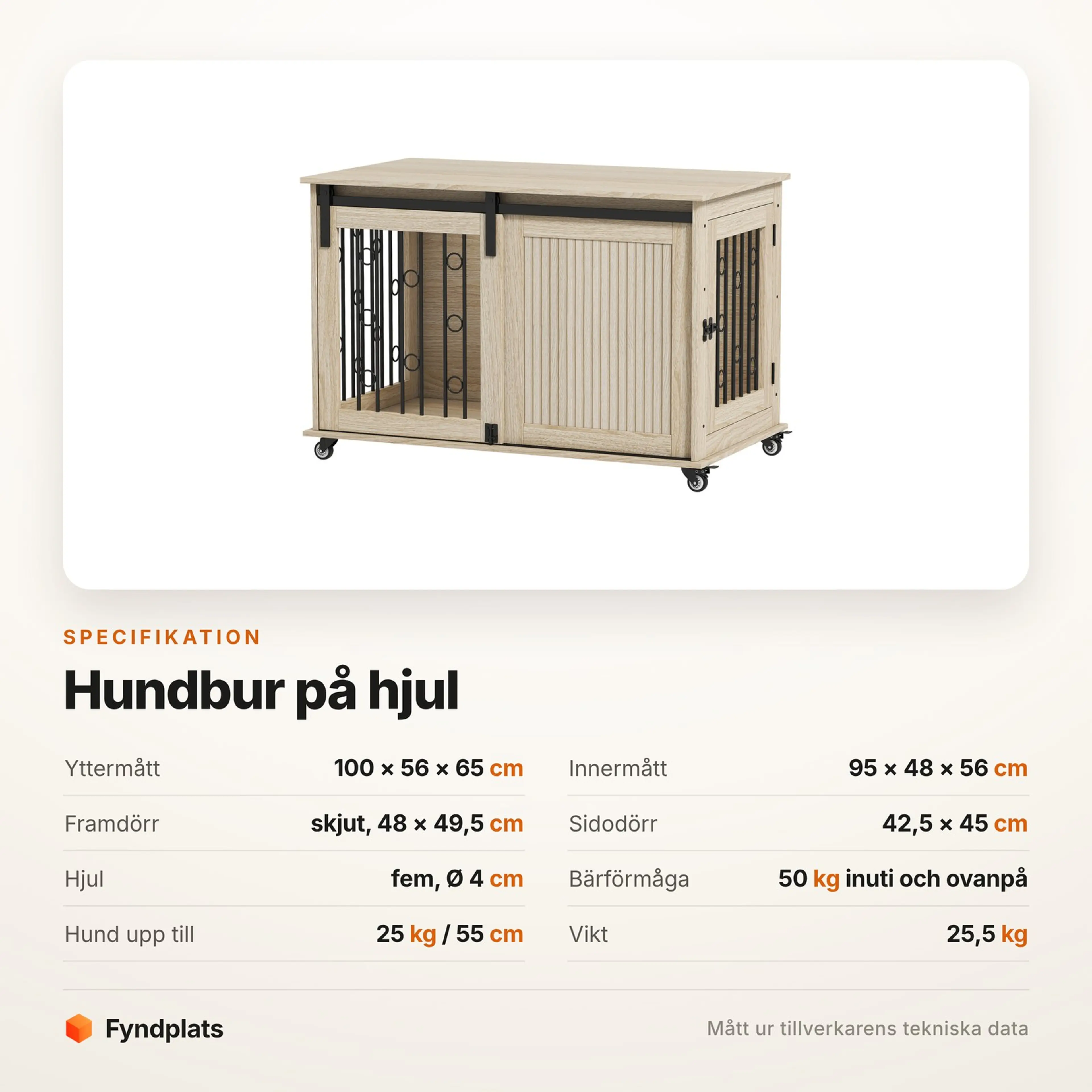 Spec-kort för hundbur på hjul med mått, dörrstorlekar, hjul och bärförmåga