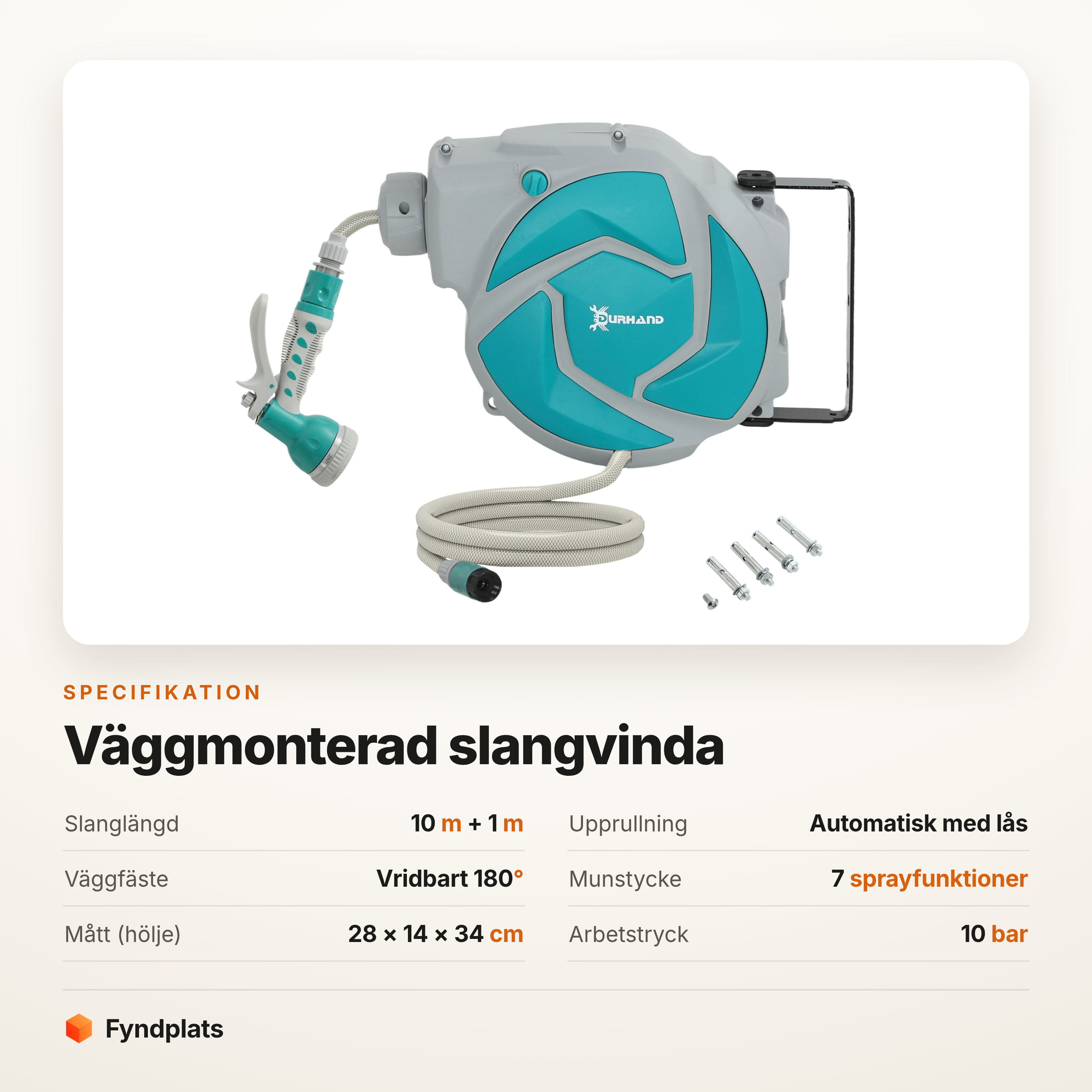 Fyndplats specifikationskort för slangvindan: 10 m + 1 m slang, automatisk upprullning med lås, väggfäste vridbart 180 grader, munstycke med 7 sprayfunktioner, hölje 28 × 14 × 34 cm.